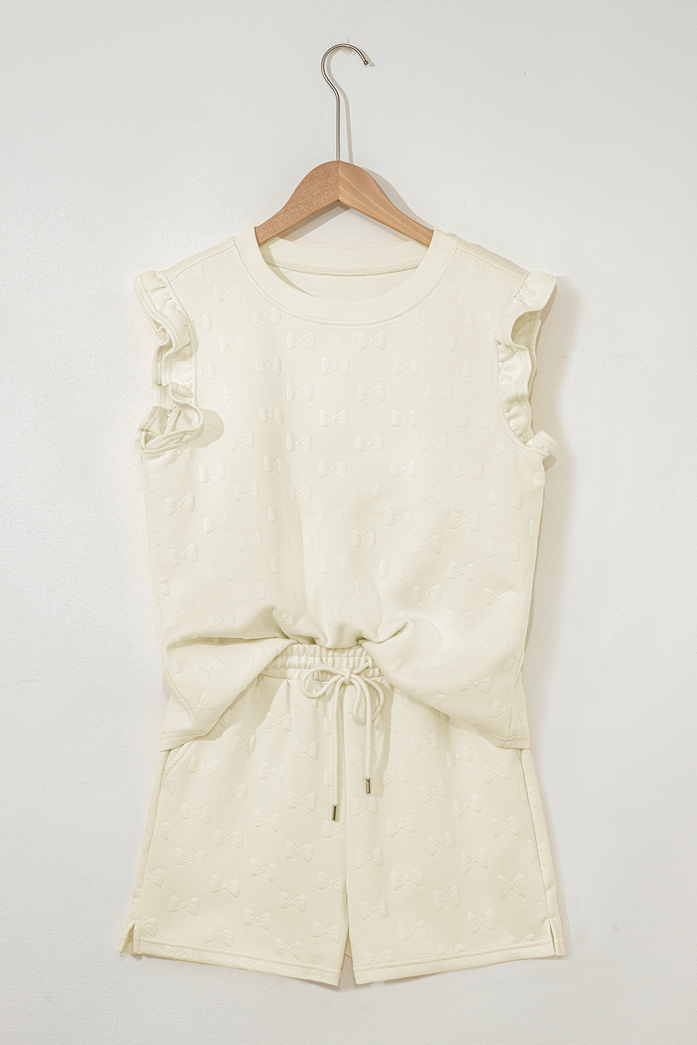 Pink Bow Jacquard Ruffle Sleeve Short 2pcs Outfit