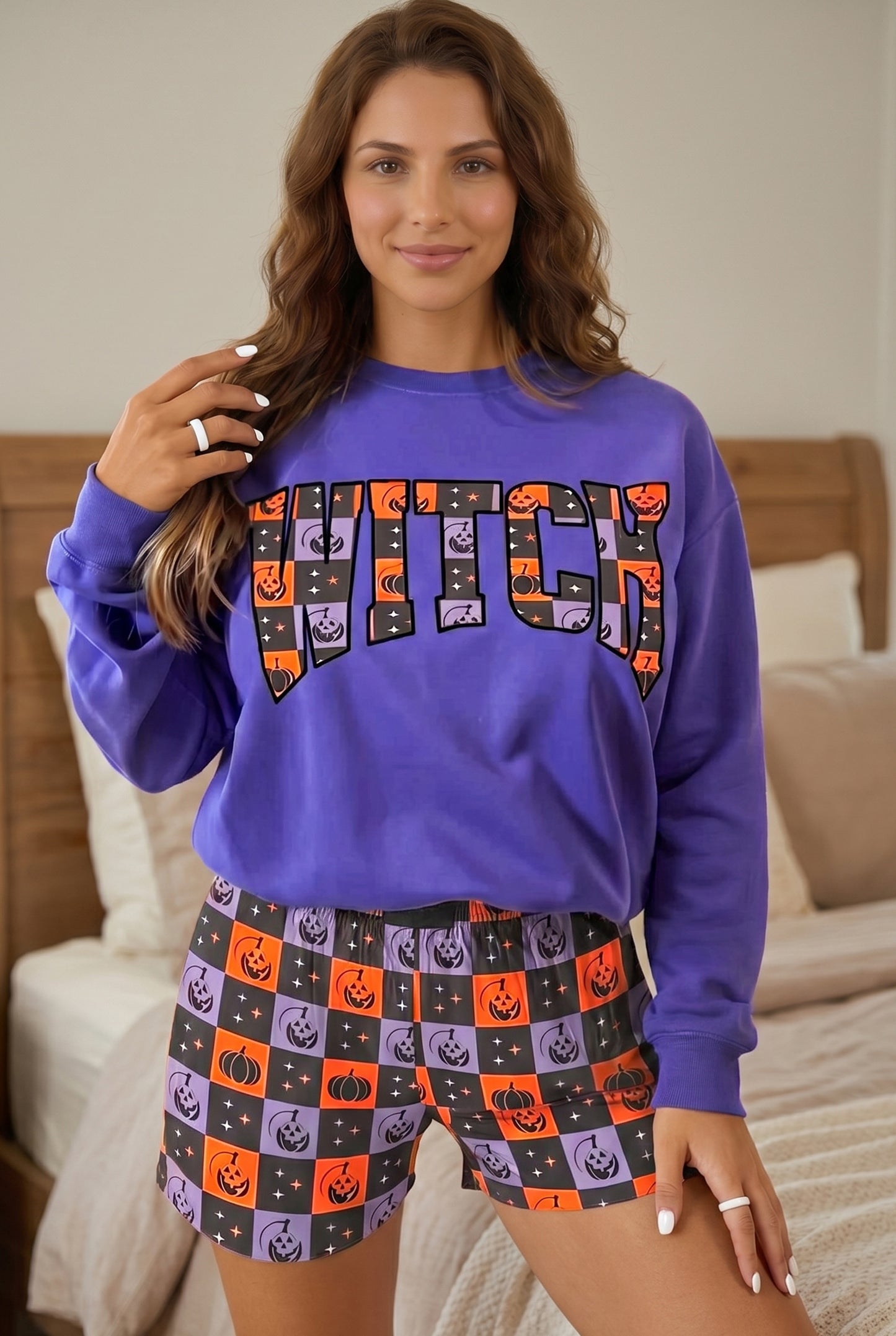 Orange Witch Letter Print Long Sleeve Top Checkered Elastic Waist Shorts Set