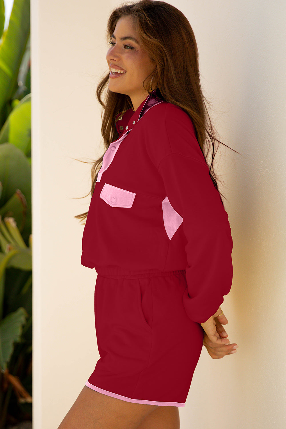 Yellow Color Block Patchwork Half Button Pullover and Shorts 2pcs Outfit