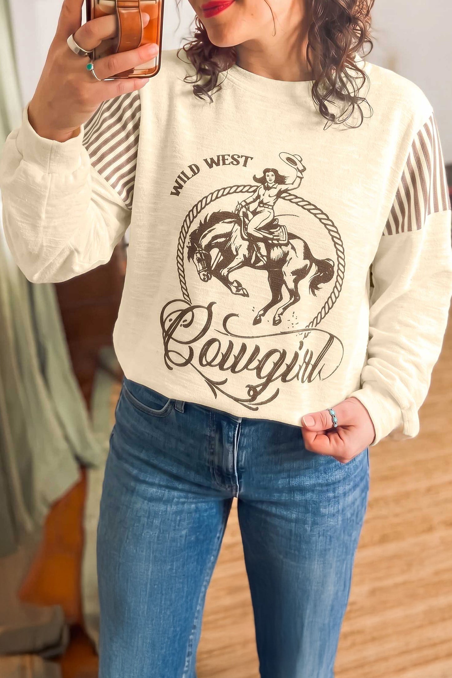 Jet Stream Western Print Striped Detail Long Sleeve Casual Top