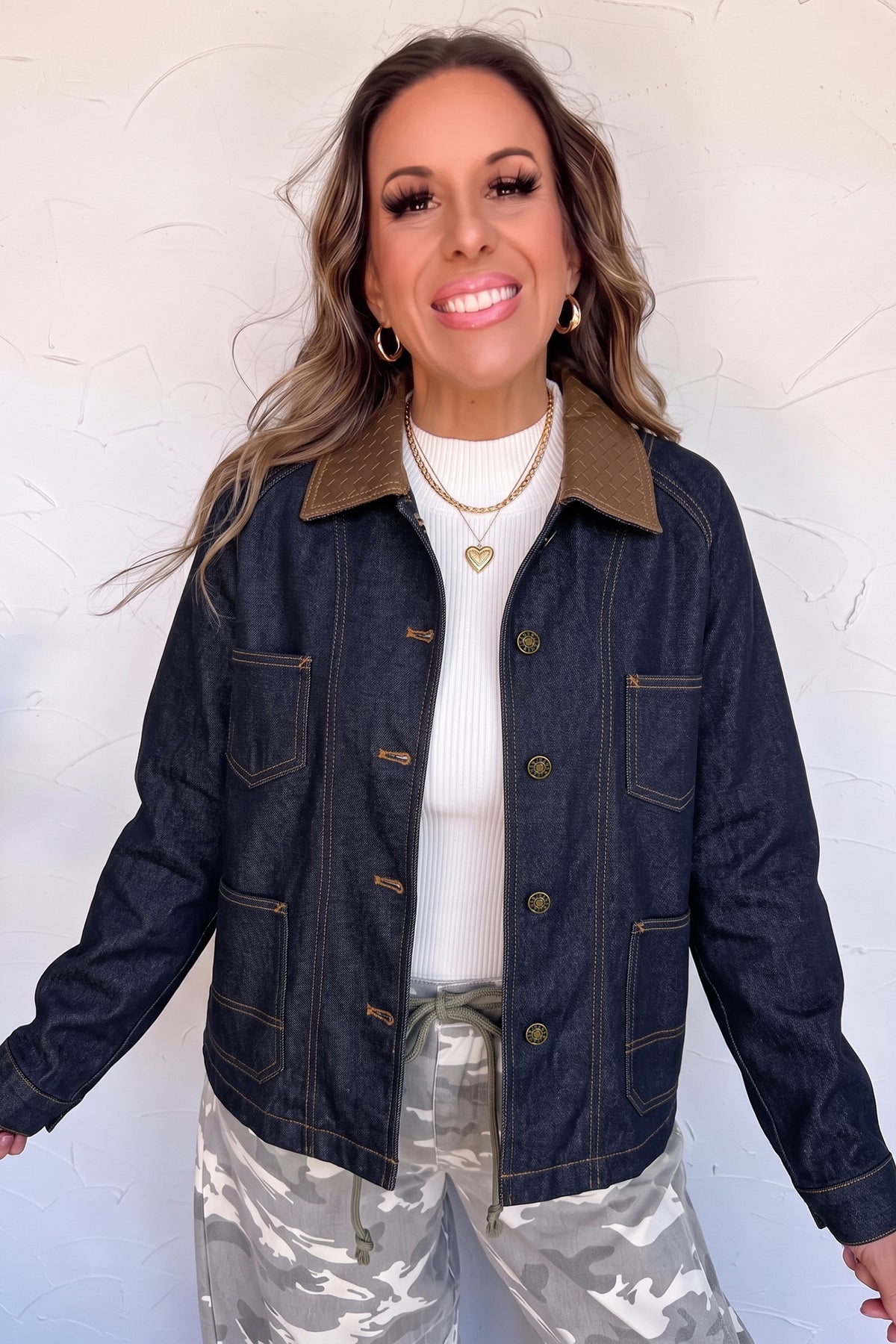 Navy Blue Contrast Collar Stitched Detail Button Denim Jacket