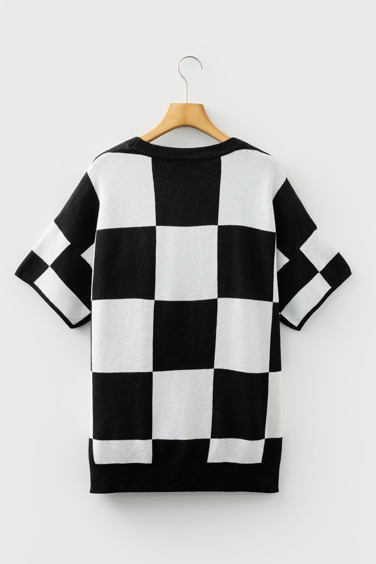 Checkered Pattern Loose Drop Shoulder Half Sleeve Sweater