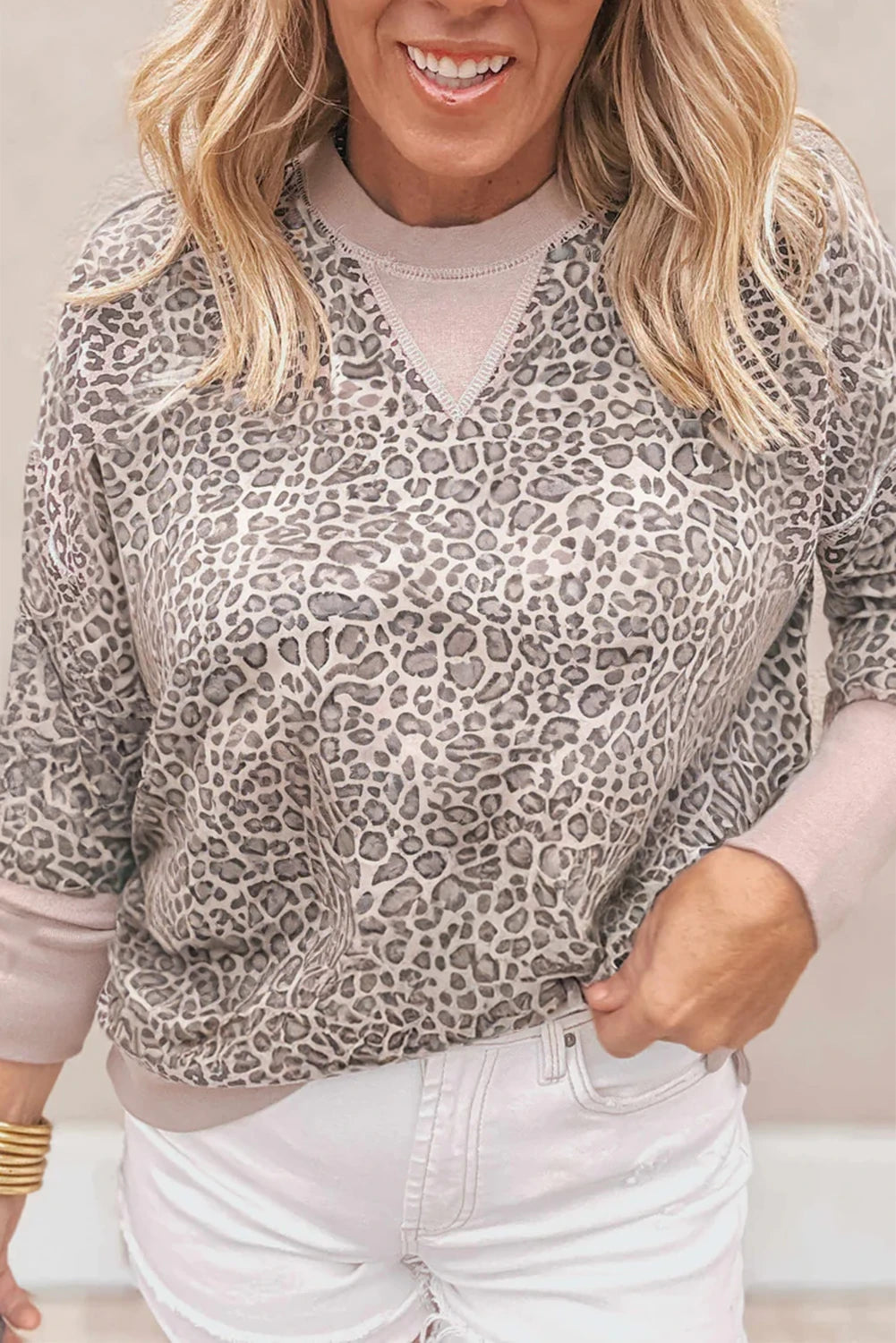 Pink Leopard Print Patchwork Crew Neck Sweatshirt