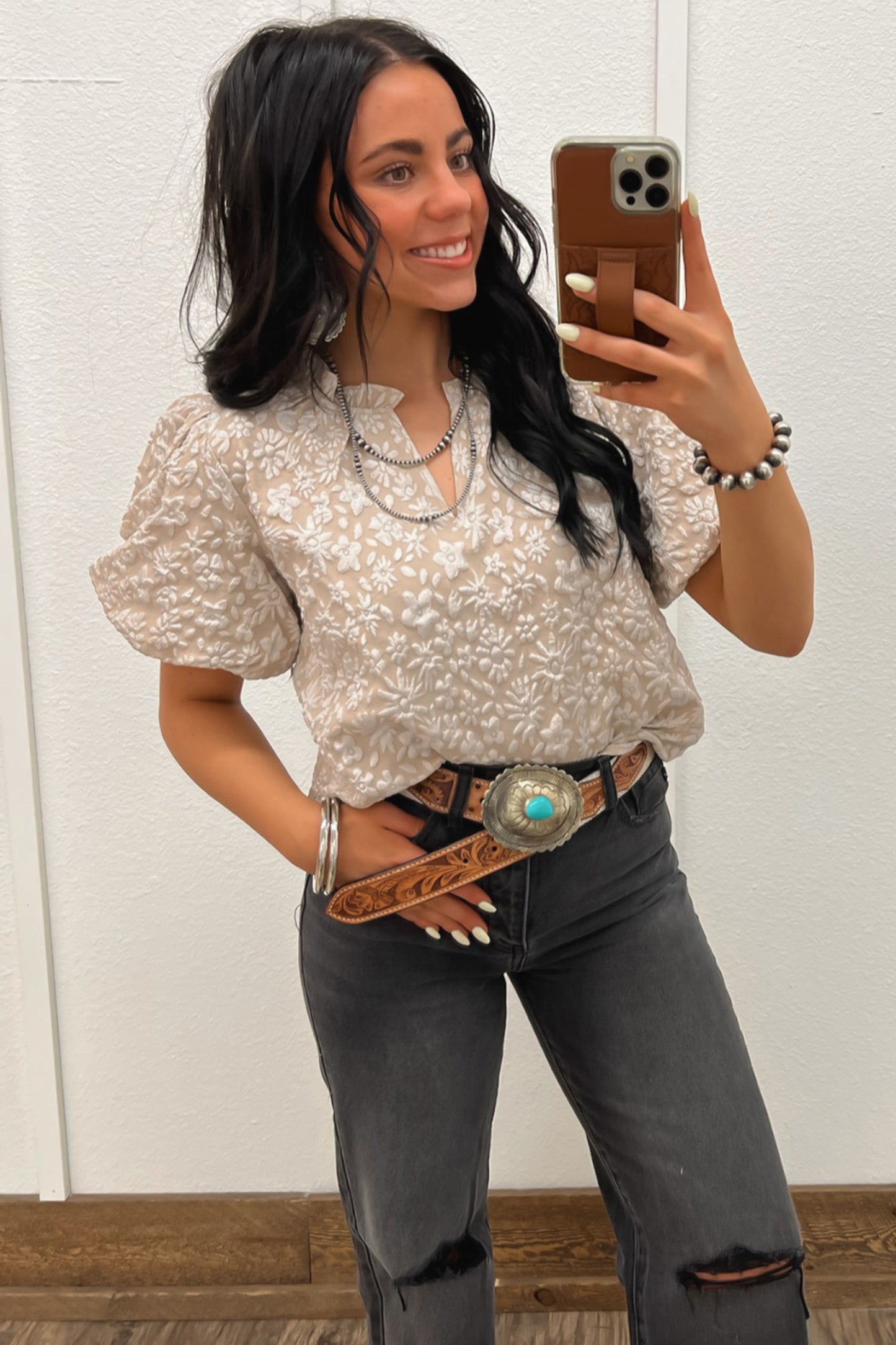 Floral Jacquard Western Blouse Puff Sleeve Top