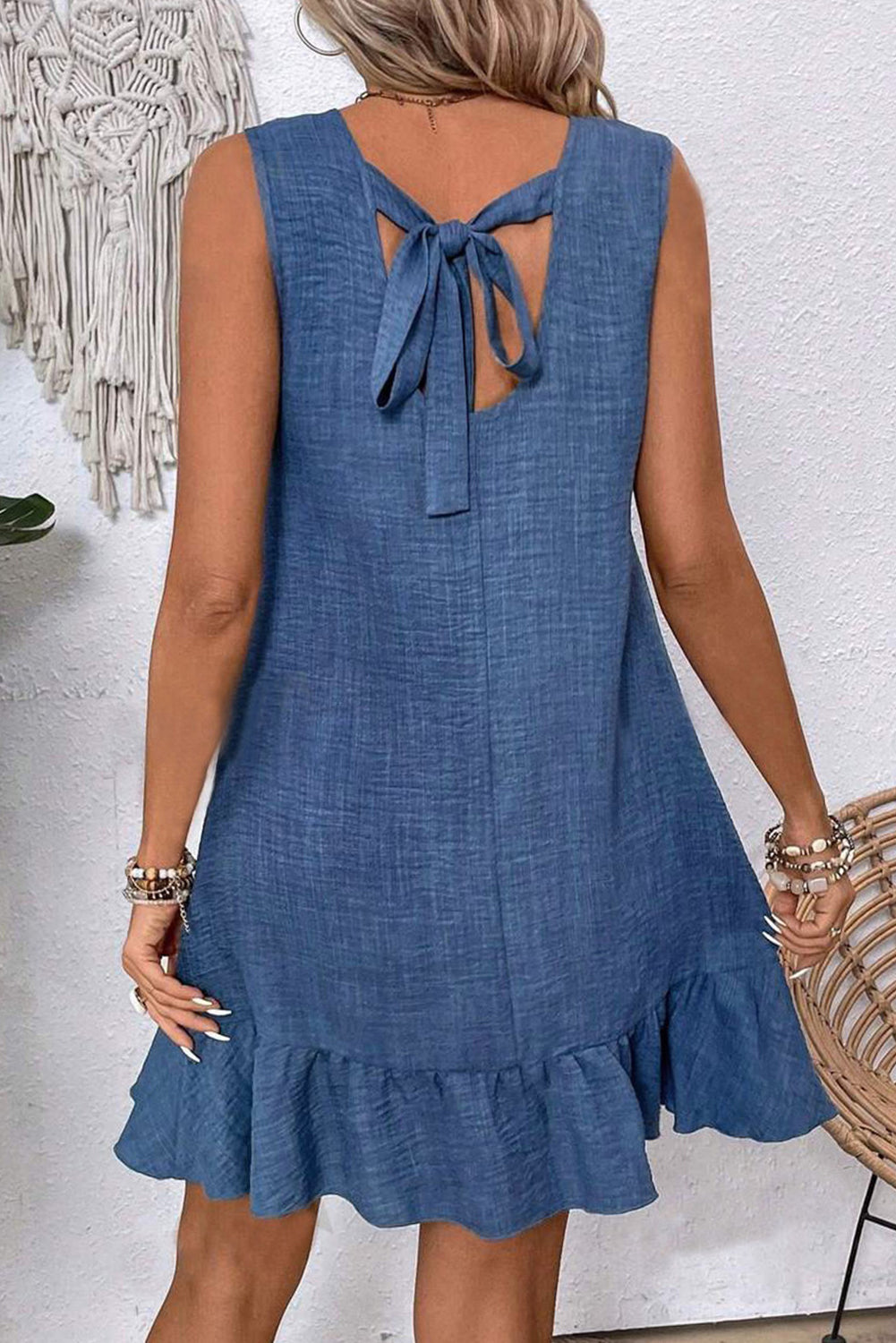 Ashleigh Blue Knot Scoop Back Ruffle Hem Sleeveless Mini Dress
