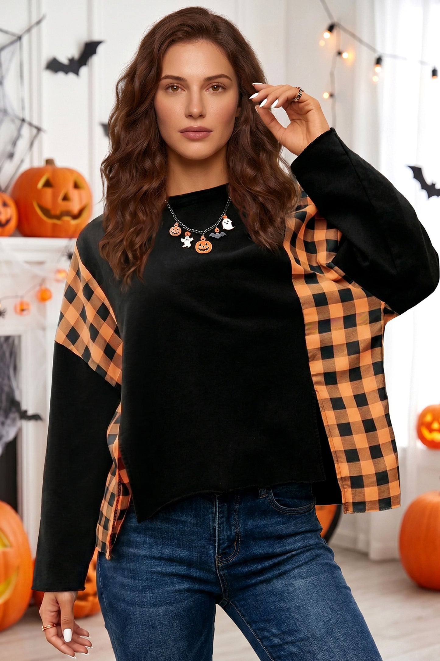 Black Patchwork Plaid Pumpkin Face Long Sleeve Top