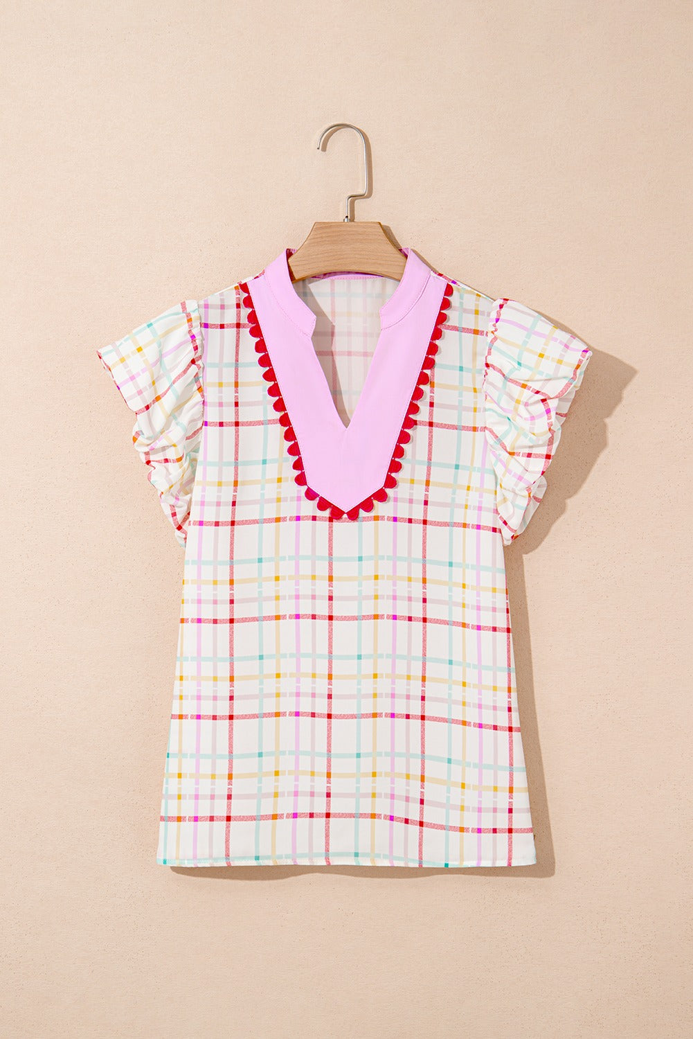 White Plaid Flutter Sleeve Colorblock Ric Rac Split V Neck Blouse