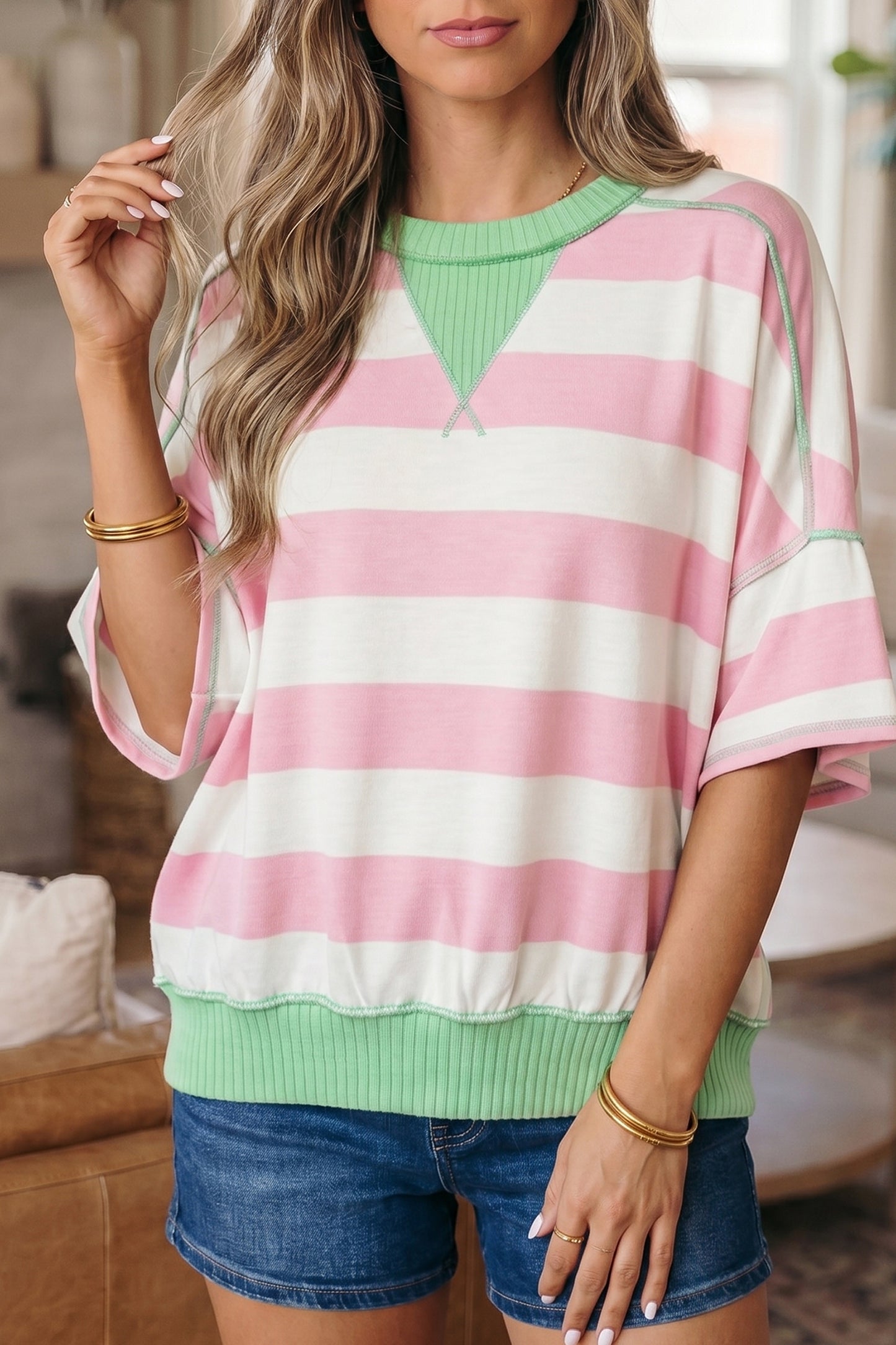 Striped Knit Top Oversized Color Block Boutique Tee