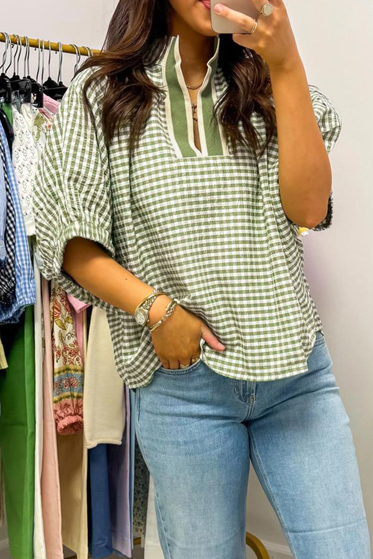Plaid Polyester Blouse Casual Shift Short Sleeve
