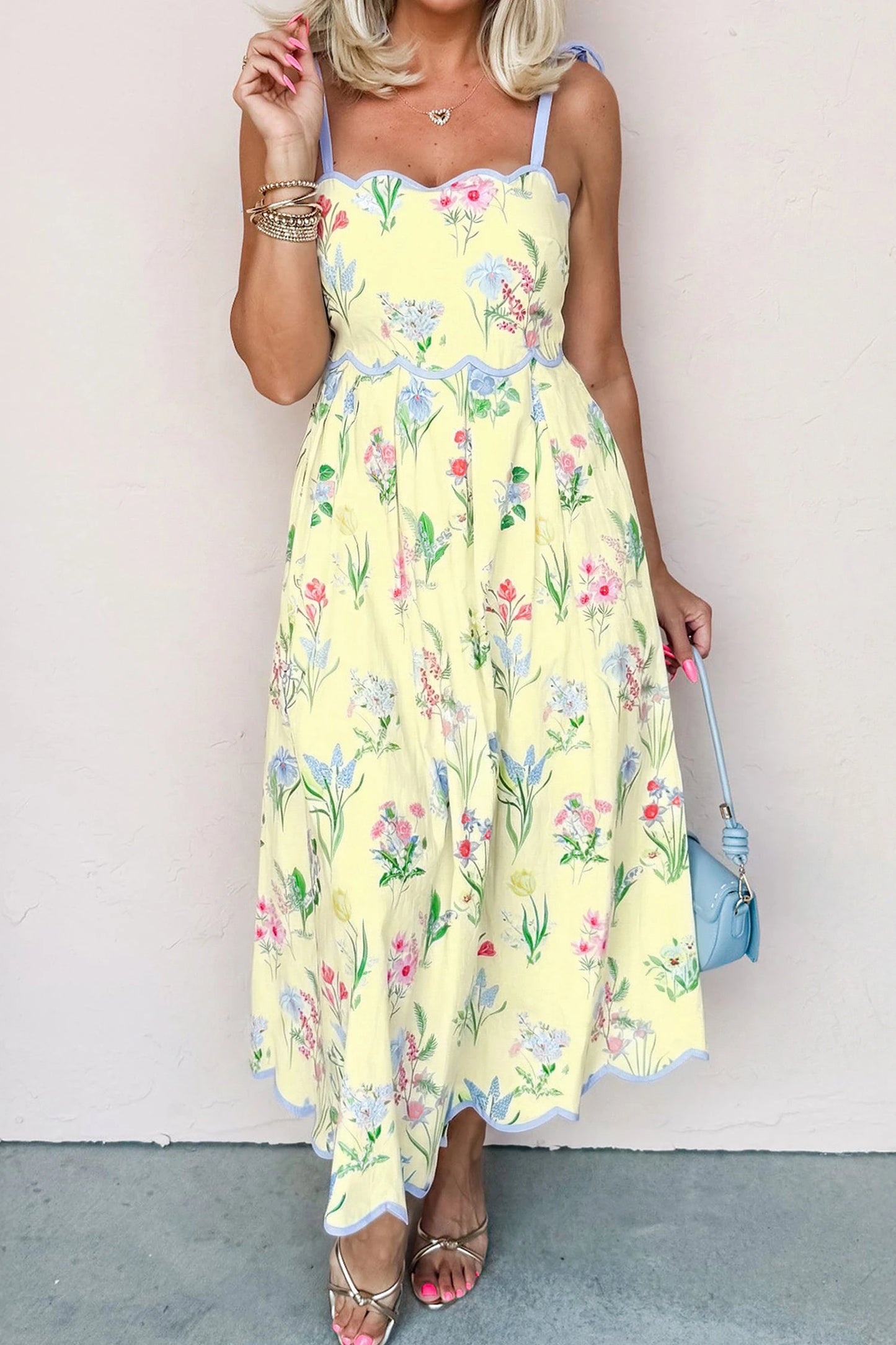 shop similar  shop similar  Beige Floral Print Contrast Trim Self-tie Straps High Waist Midi Dress