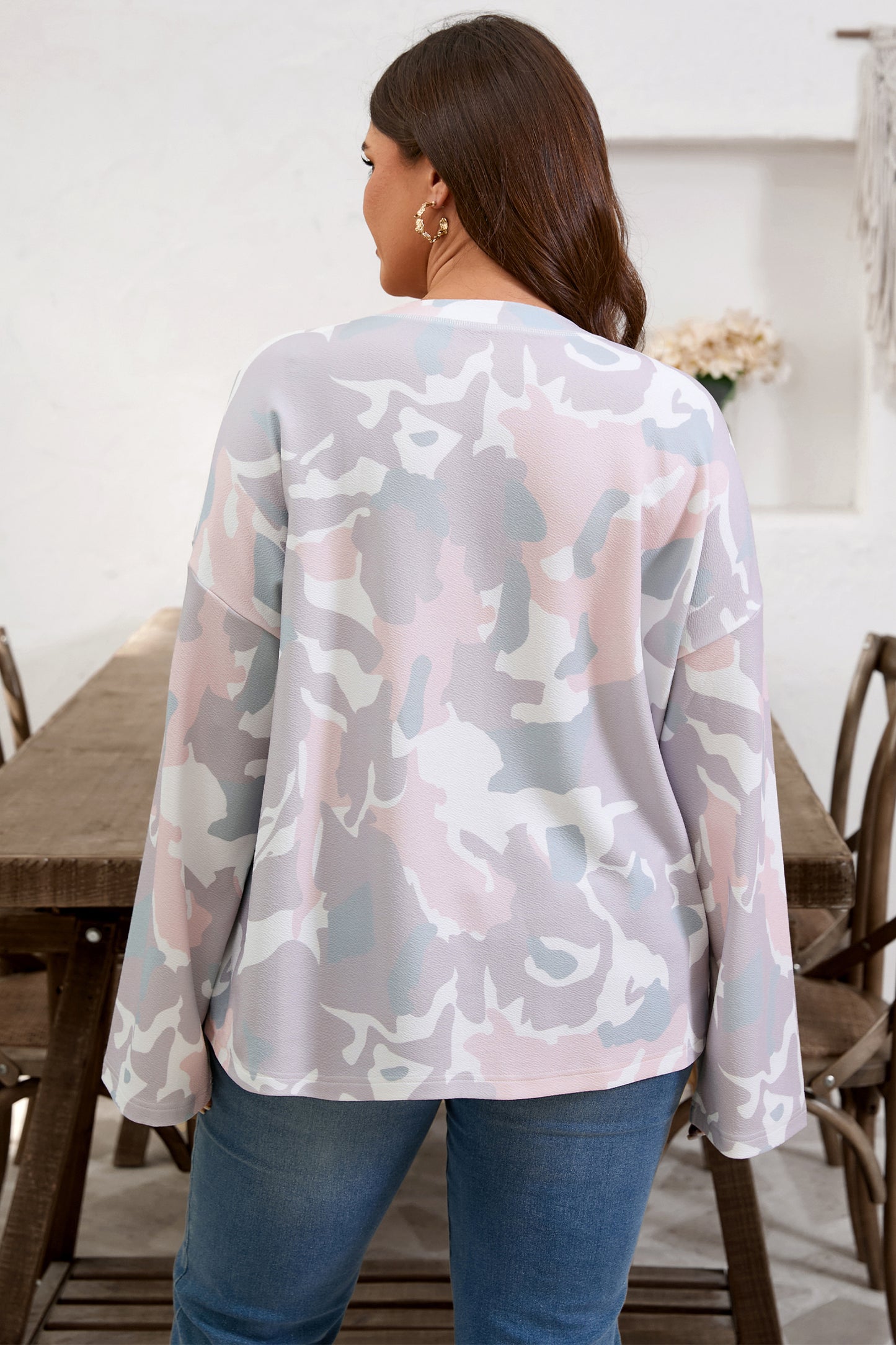 Green Plus Size Camouflage Print Drop Shoulder Loose Pullover Top