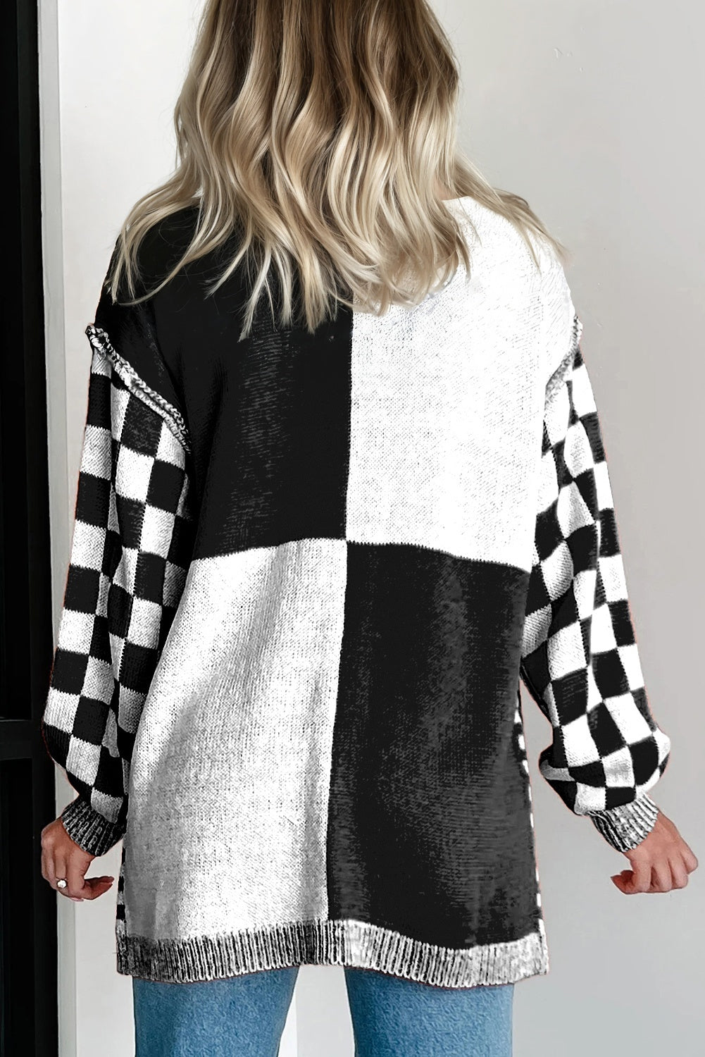 Orange Checkered Bubble Sleeve Drop Shoulder Open Cardigan