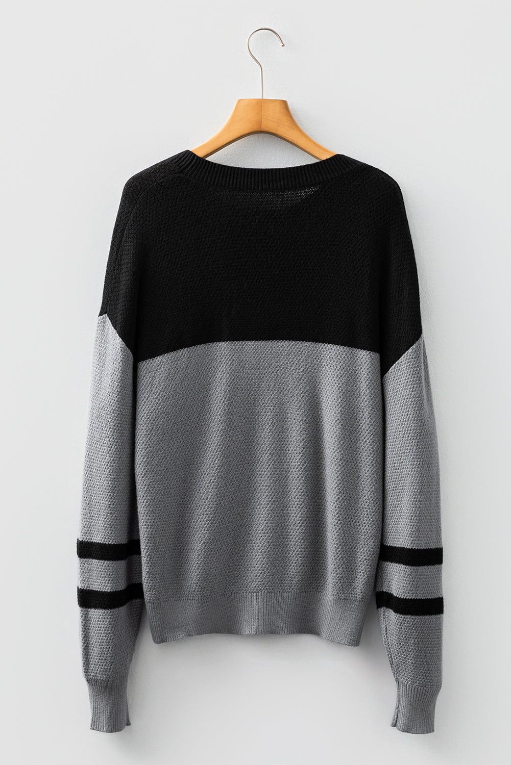 Dark Brown Color Block Knit Striped Sleeve Detail Casual Sweater