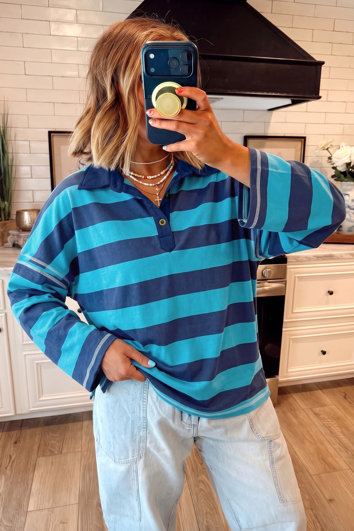 Blue Stripe Contrast Polo Collar Bracelet Sleeve Loose Top