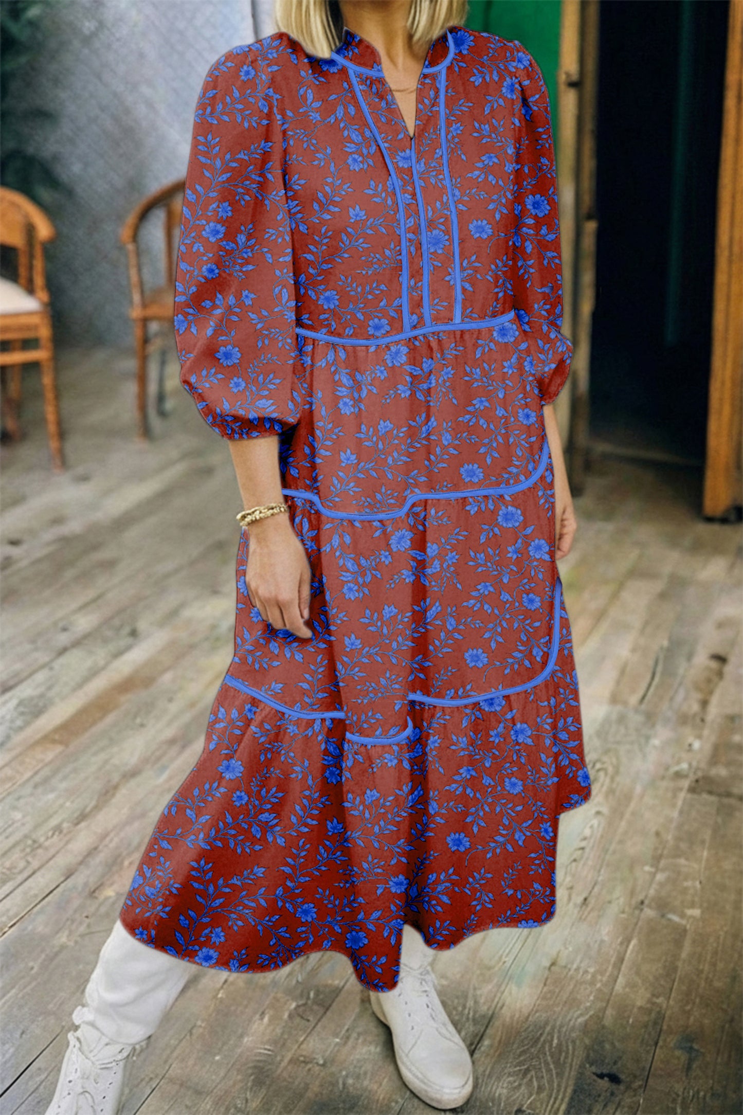 Floral Viscose Maxi Dress Boho Tiered Midi