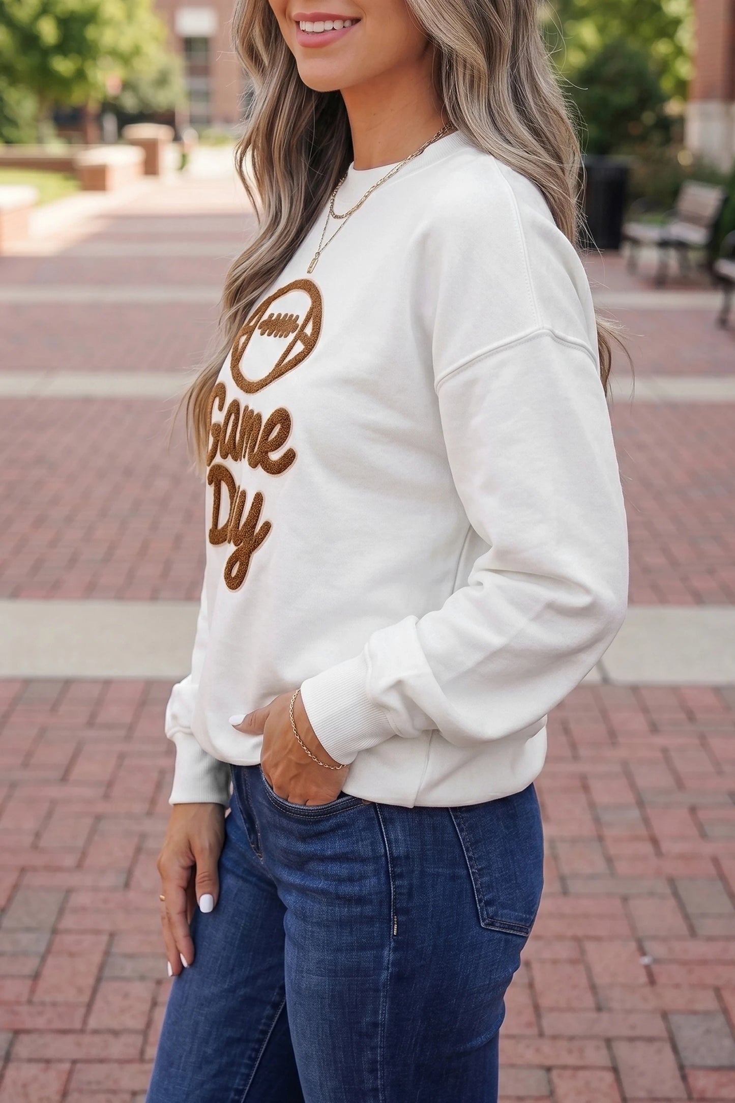 Embroidered Slogan Game Day Rugby Pattern Crewneck Sweatshirt