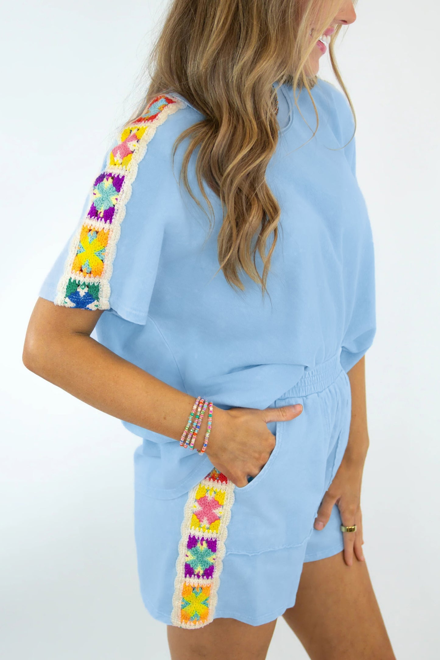 Solid Cotton Short Set Crochet Trim Lounge Outfit