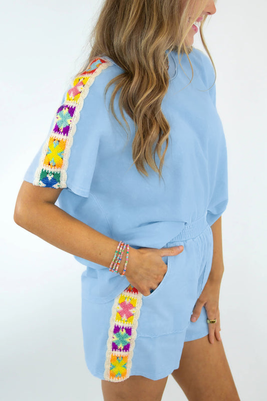 Solid Cotton Short Set Crochet Trim Lounge Outfit