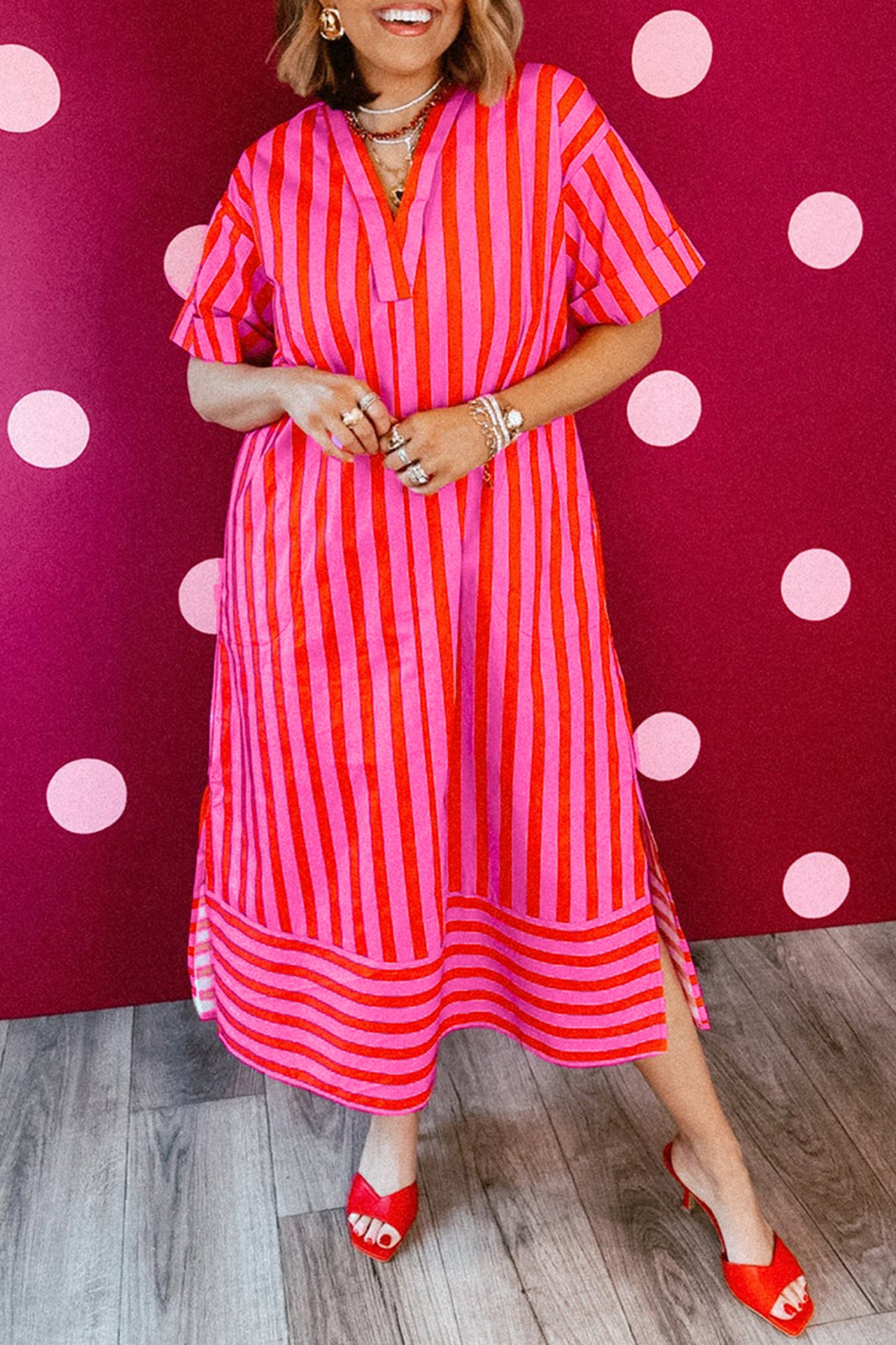 Striped Viscose Midi Dress Oversized Casual Vacation