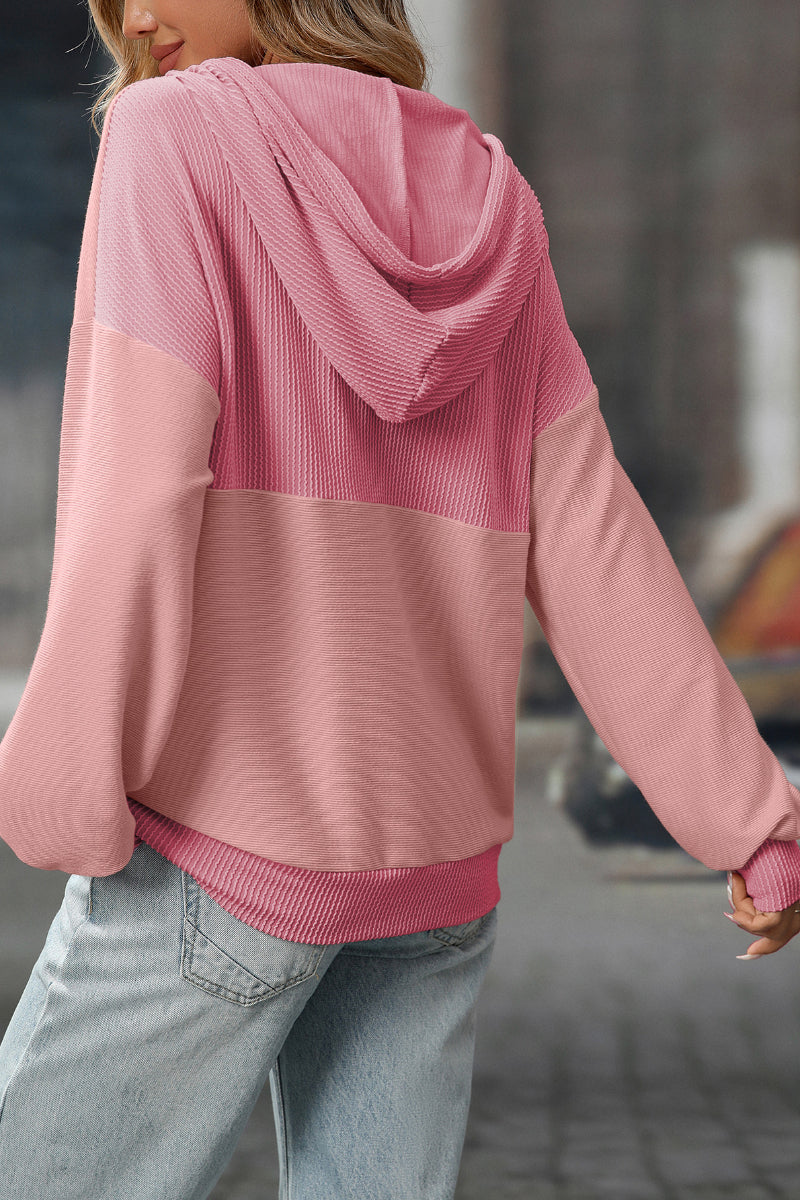 Colorblock Waffle Knit Drawstring Hoodie Pullover Women