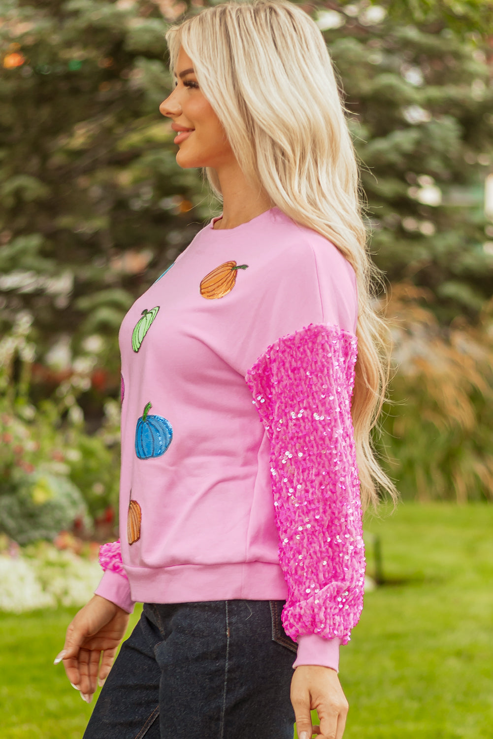Pink Sequin Sleeve Pumpkin Pattern Thanksgiving Halloween Patchwork Pullover Top
