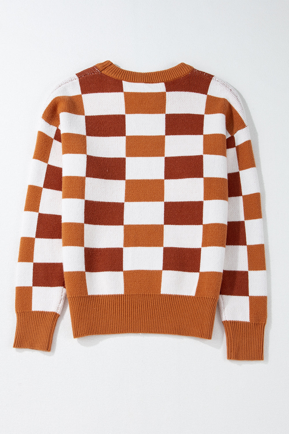 Checkered Ribbed Edge O Neck Drop Shoulder Sweater