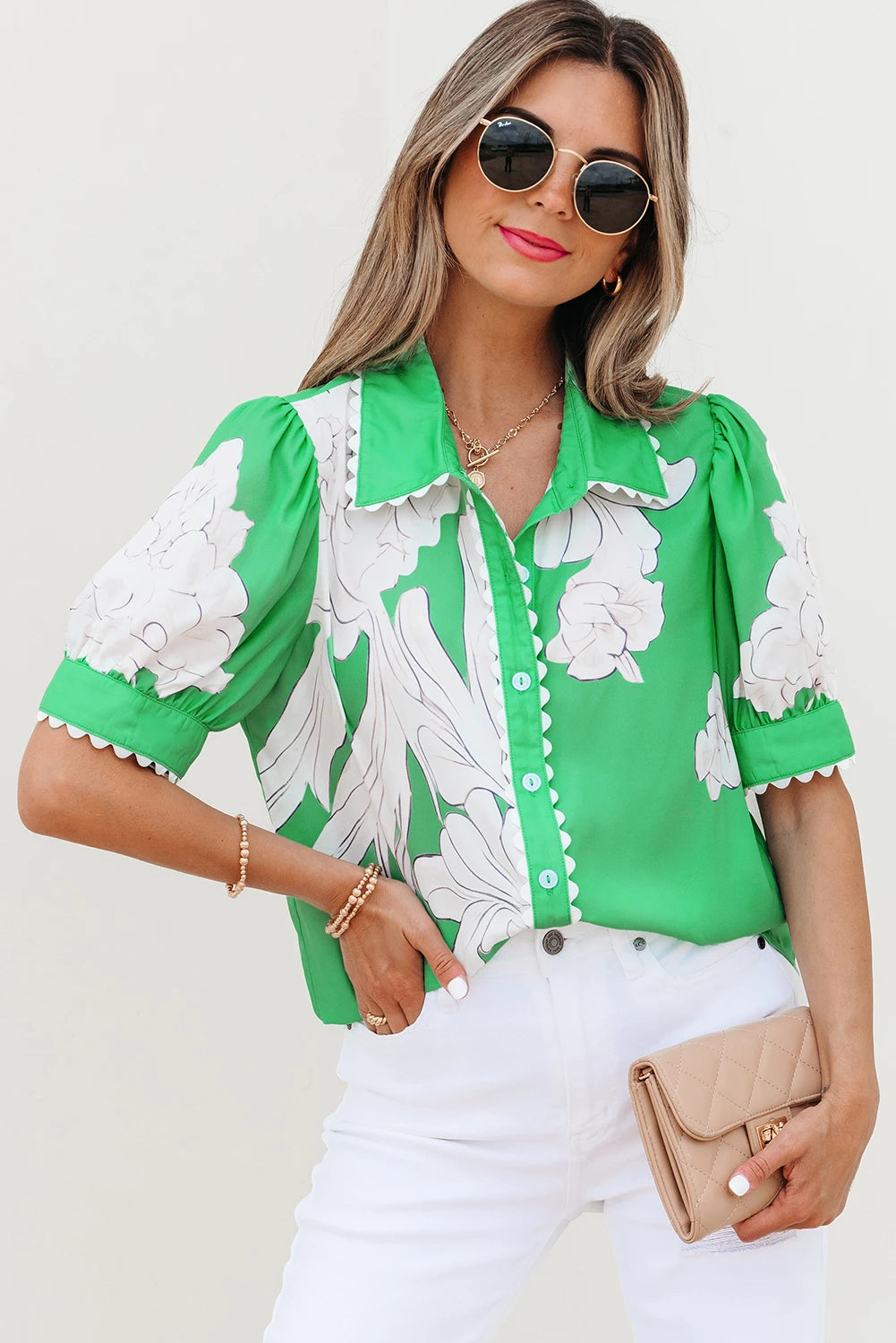 Floral Ric Rac Edge Puff Sleeve Button Up Summer Shirt