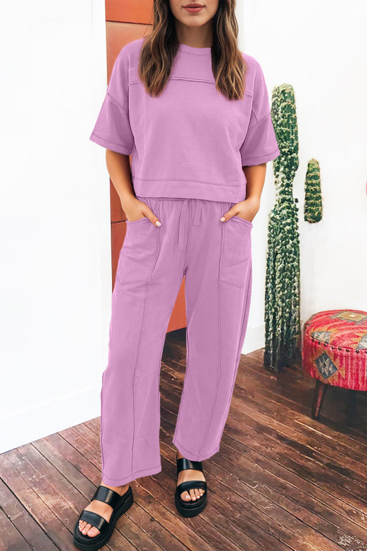 Sky Blue Drop Shoulder Boxy Tee and Barrel Pants Set