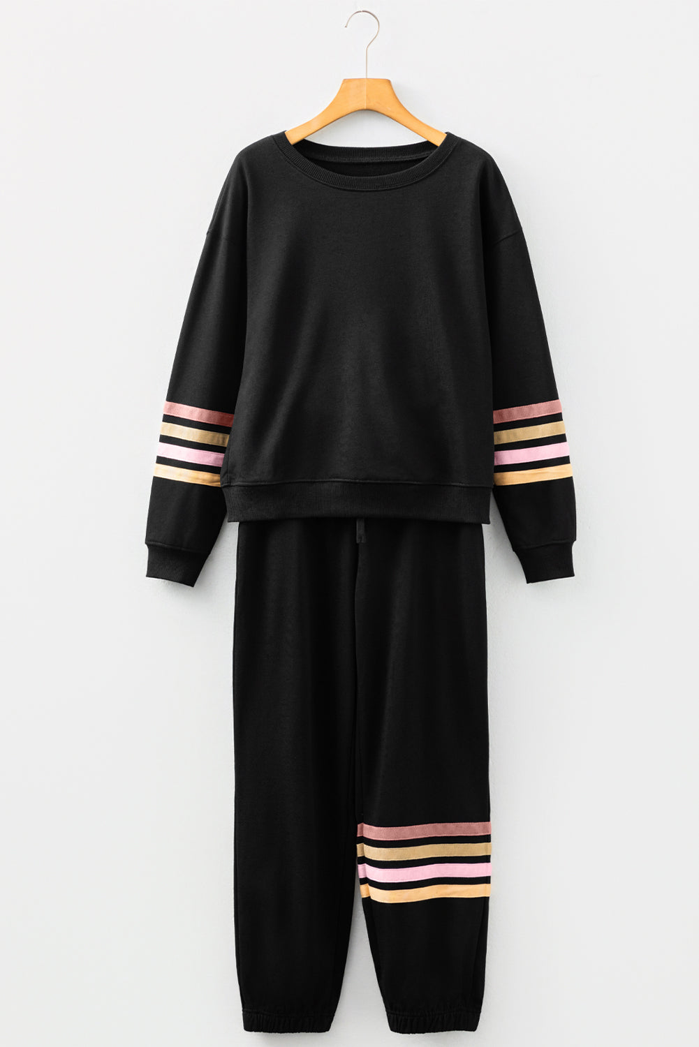Beige Striped Drop Shoulder Round Neck Pullover and Jogger Pants Active Outfit