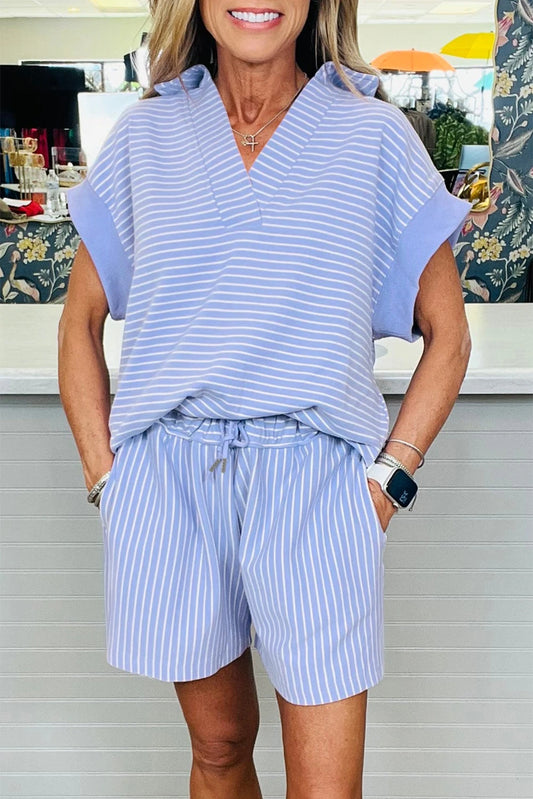 shop similar  shop similar  shop similar  shop similar  shop similar  shop similar  shop similar  shop similar  shop similar  shop similar  shop similar  shop similar  shop similar  Sky Blue Stripe Dolman Sleeve Polo Shirt and Drawstring Shorts Set