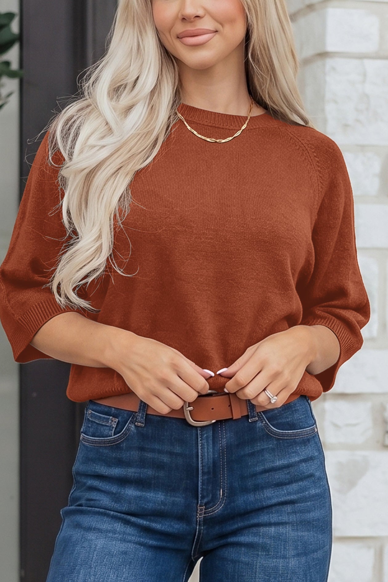 Coffee Ribbed Knit Round Neck Short Sleeve Sweater