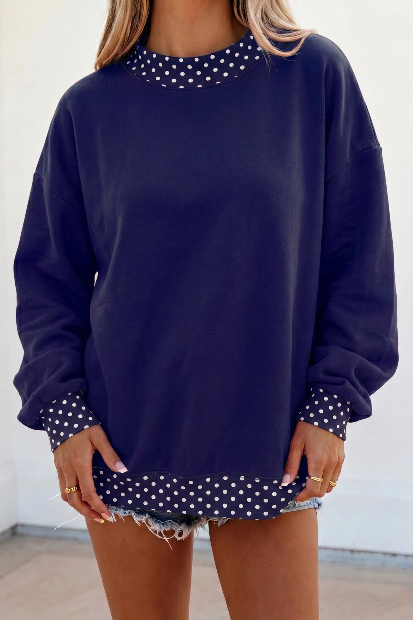Colorblock Polka Dot Contrast Trim Oversized Sweatshirt