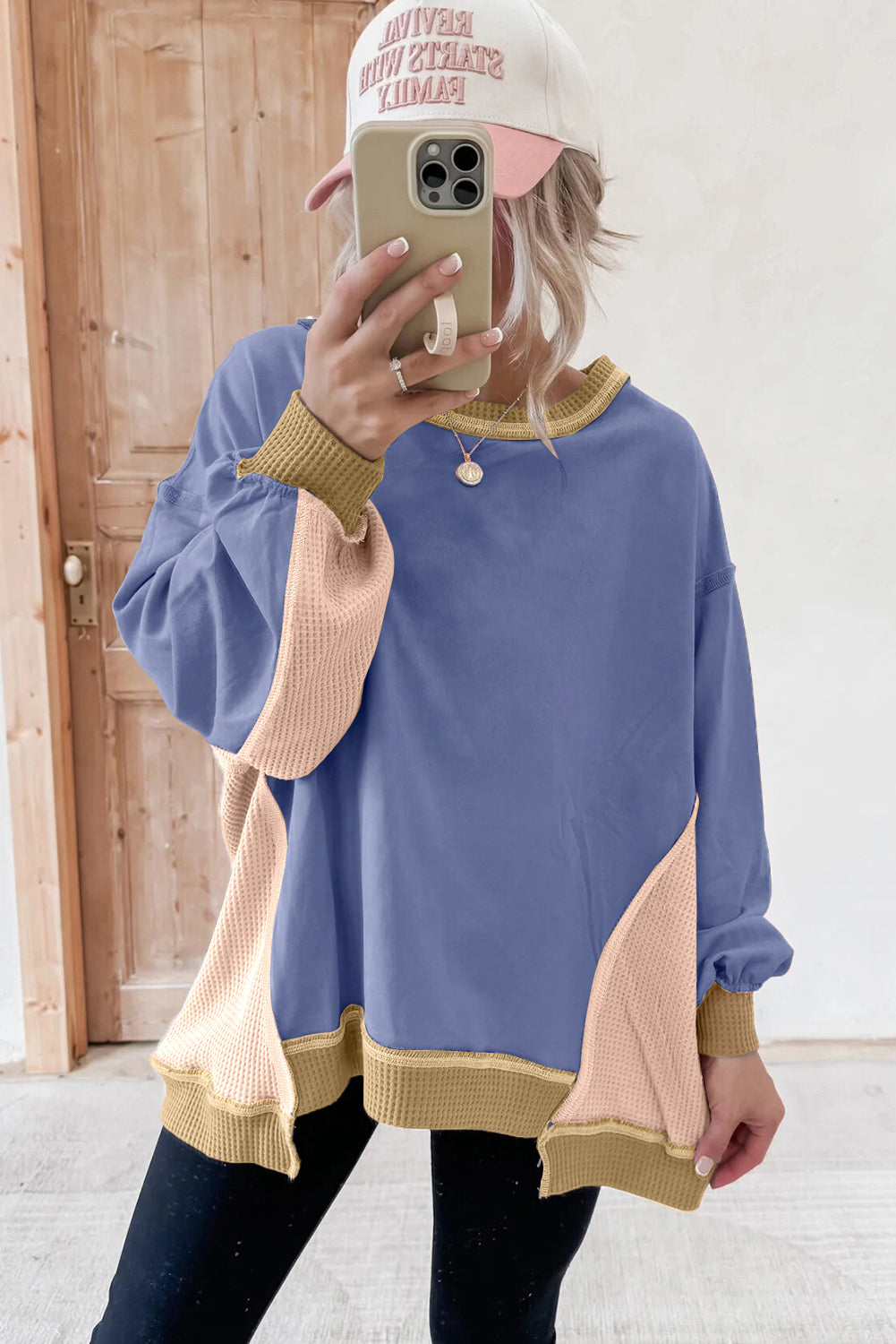 Color Block Mix Texture Waffle Patchwork Oversize Sweatshirt