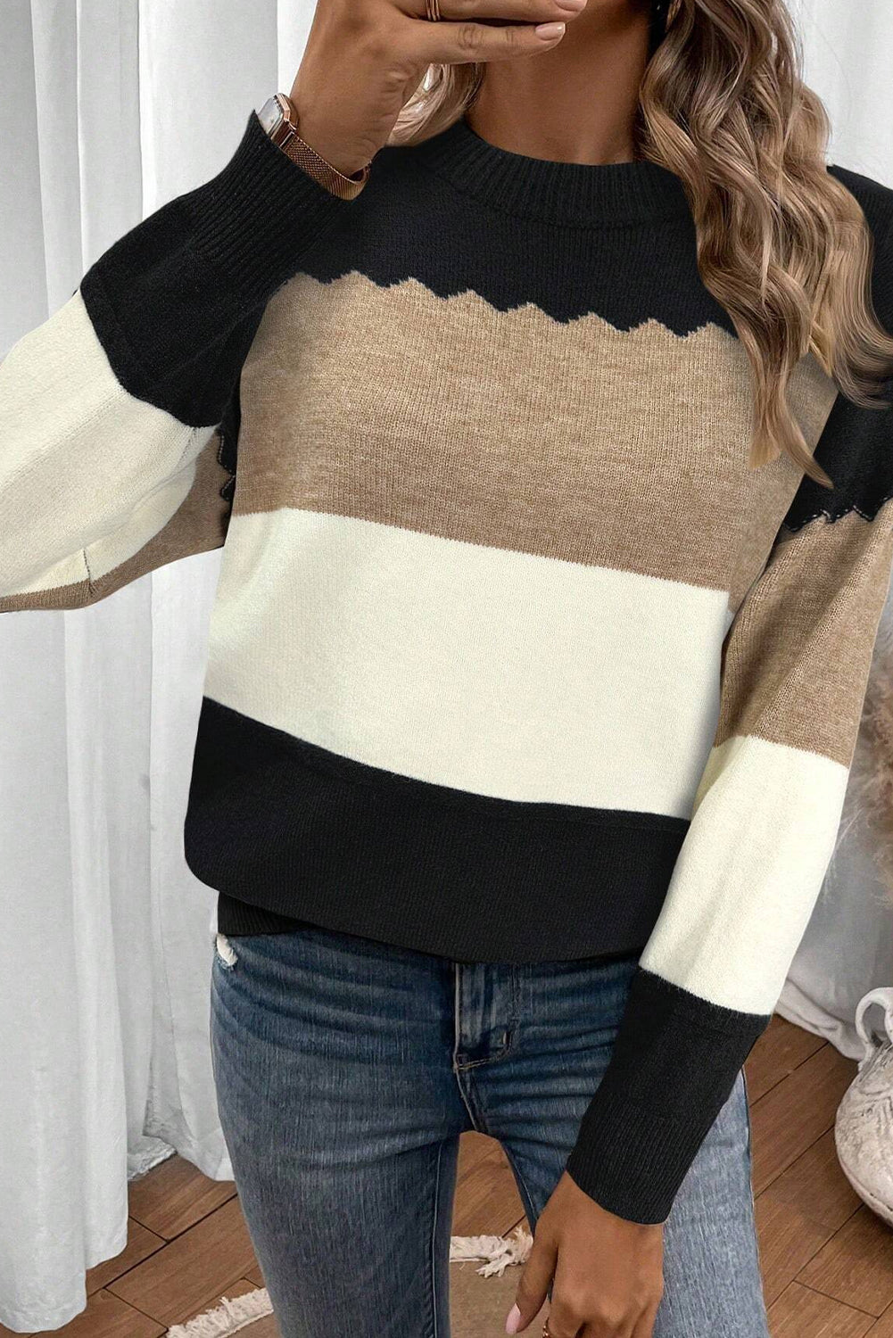Brown Colorblock Crew Neck Drop Shoulder Sweater