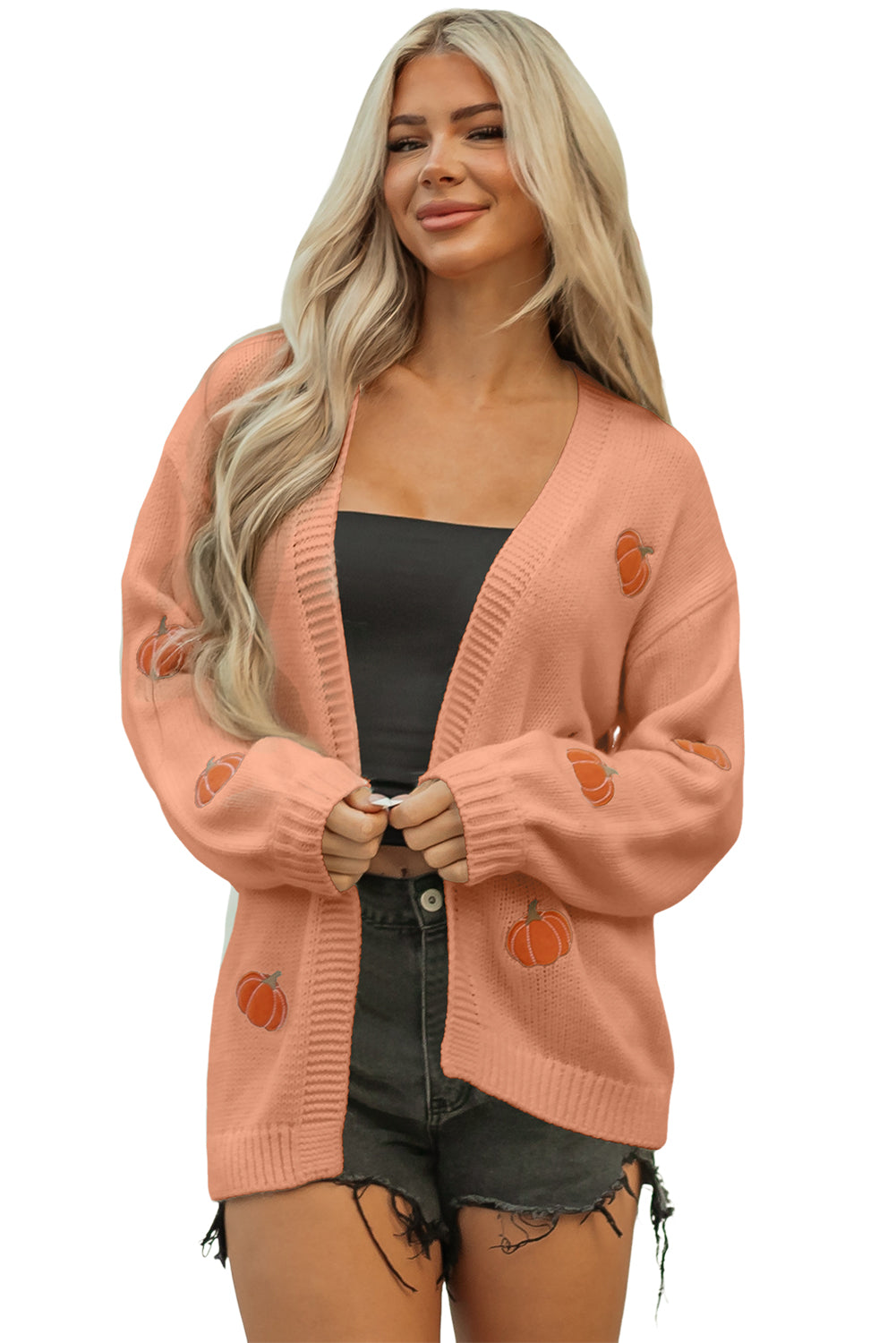 White Pumpkin Print Open Front Drop Shoulder Midi Cardigan