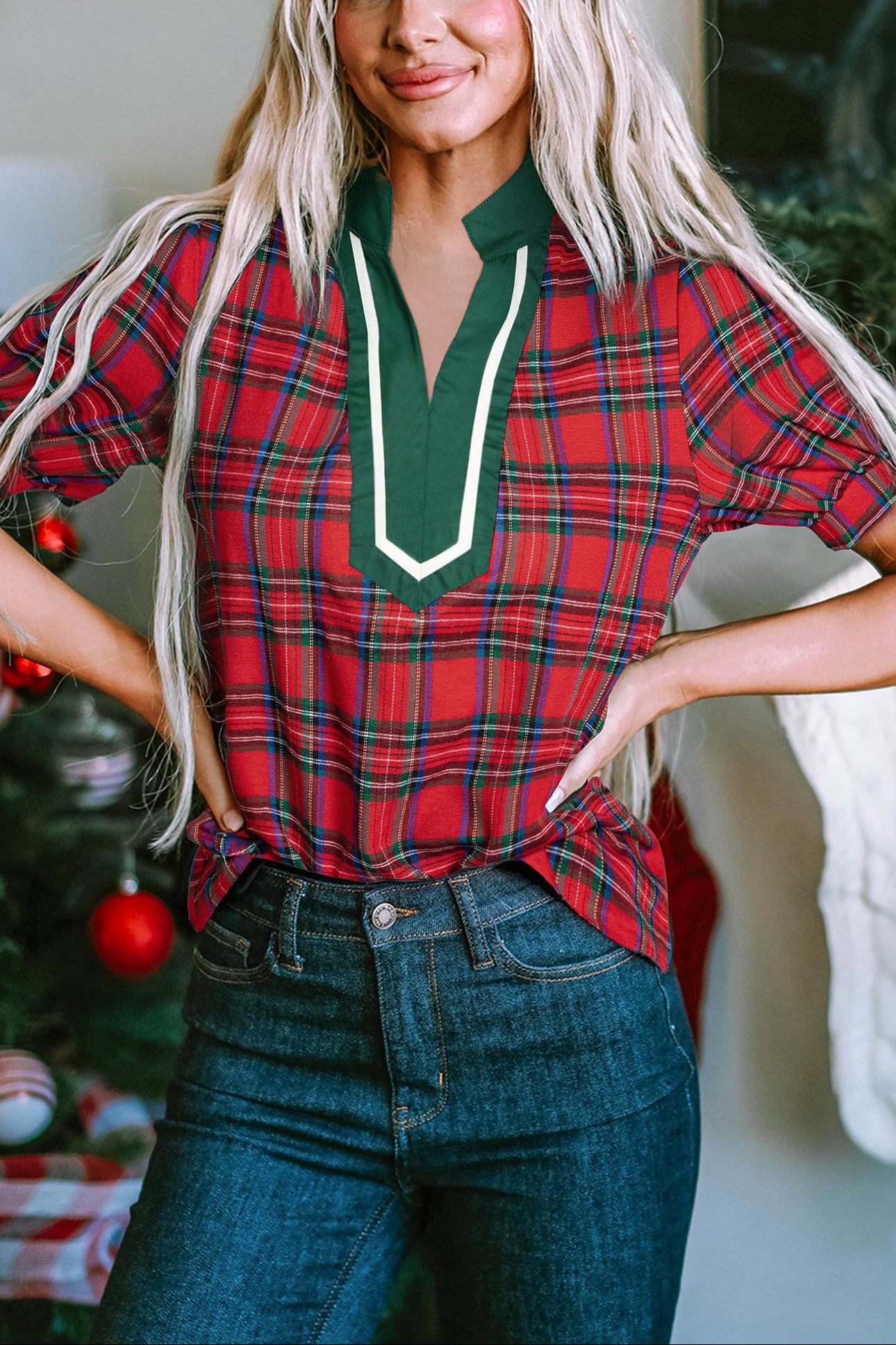 Red Plaid Print Contrast Trim V Neck Short Sleeve Blouse