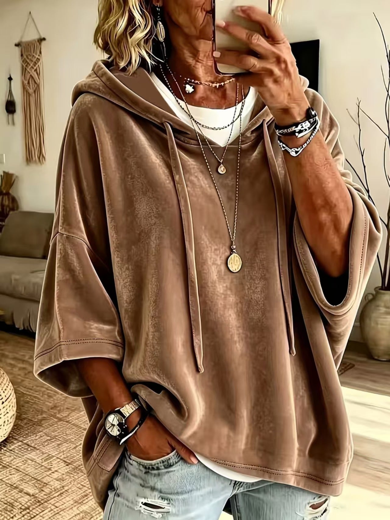 Women’s Oversized V Neck Hooded Sweatshirt 3/4 Sleeve Pullover