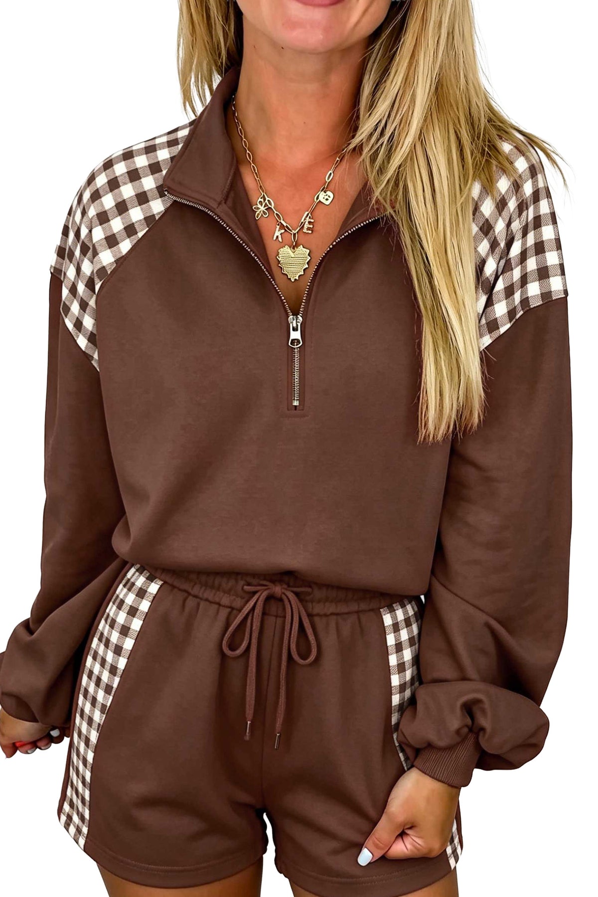 Fiery Red Plaid Patchwork Half Zip Pullover Drawstring Short Set