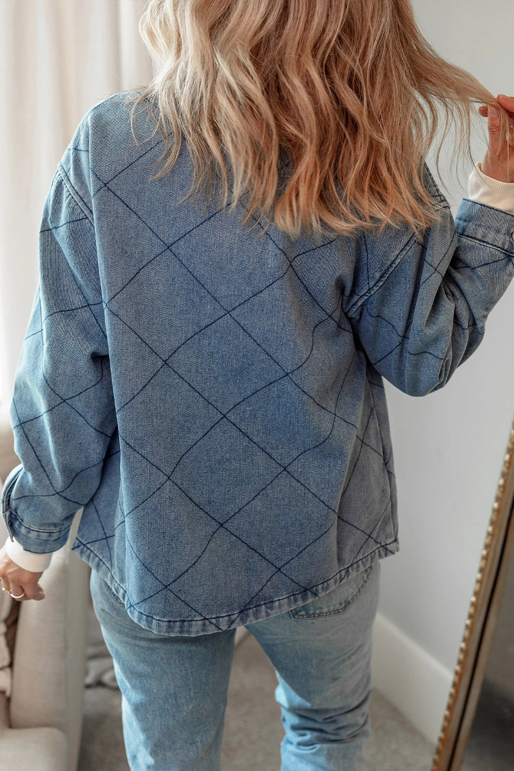 Black Rhombus Stitched Pattern Button Pocketed Denim Jacket