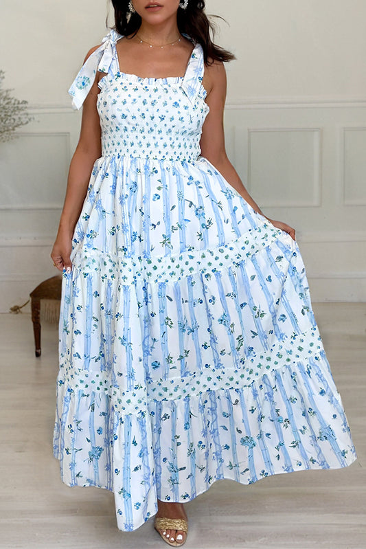 Sky Blue Floral Smocked Tied Straps A-Lined Tiered Maxi Dress