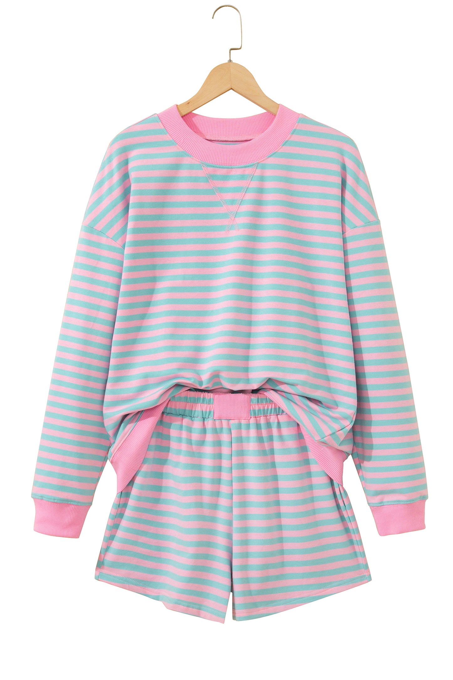 Pink Stripe Color Block Detail Long Sleeve Pullover Elastic Waist Pull On Shorts 2pcs Set