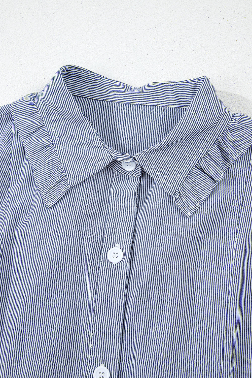 Blue Stripe Frilled Sleeveless Collar Front Pocket Button Up Mini Dress