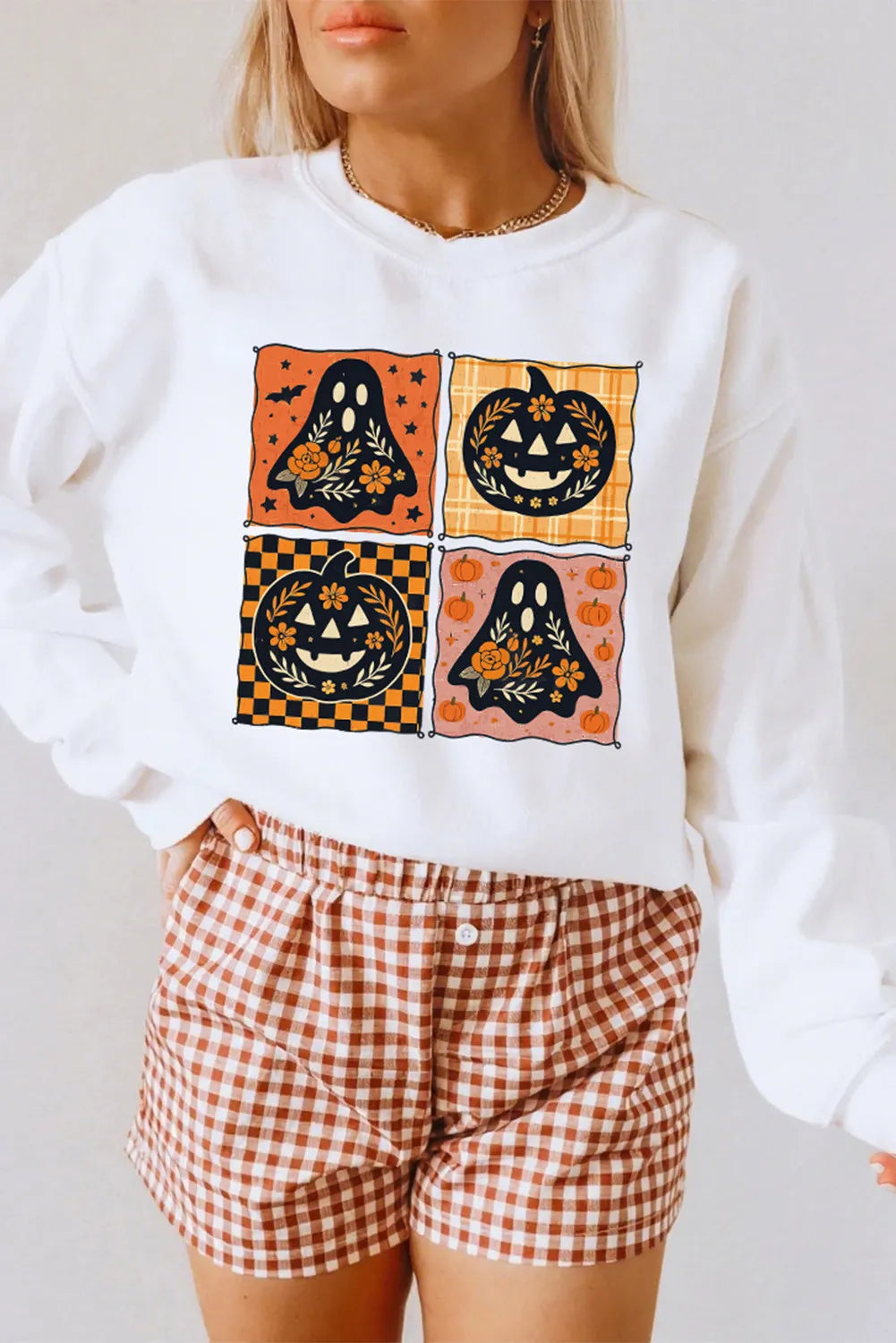 White Halloween Ghost Pumpkin Face Floral Checkered Graphic Sweatshirt