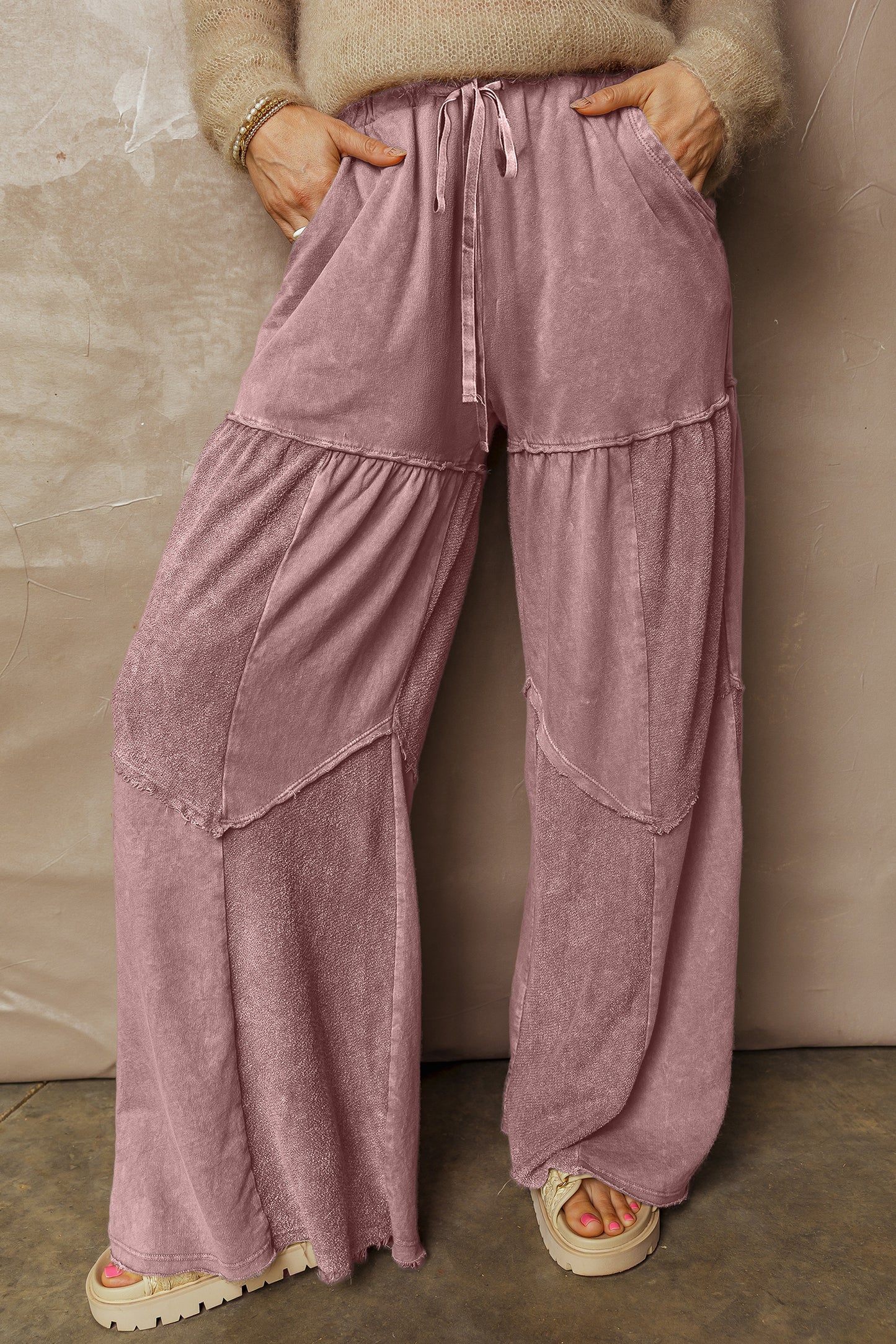 Black Mineral Wash Tiered Wide Leg Patchwork Drawstring Pants