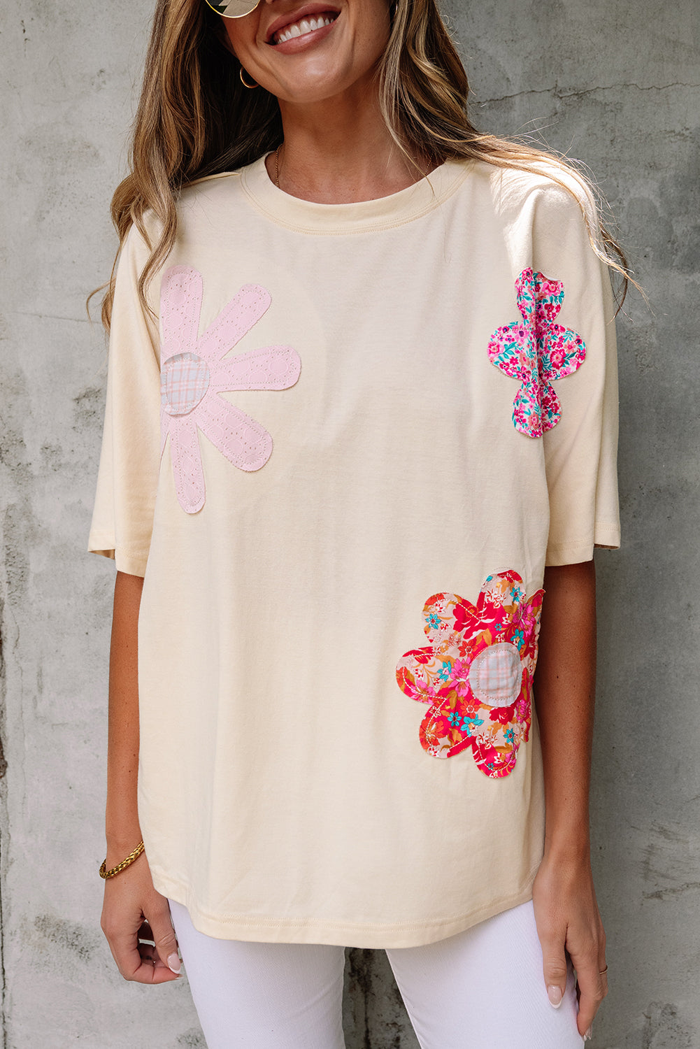 Apricot Flower Patched Exposed Stitching Trim Crew Neck Loose Tee