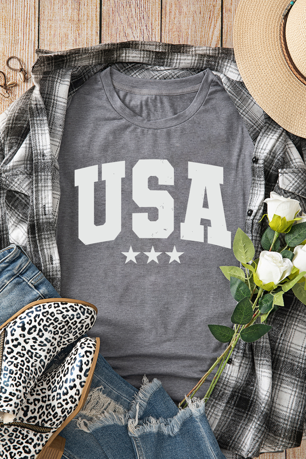 Gray USA Vintage Star Letter Graphic Tee
