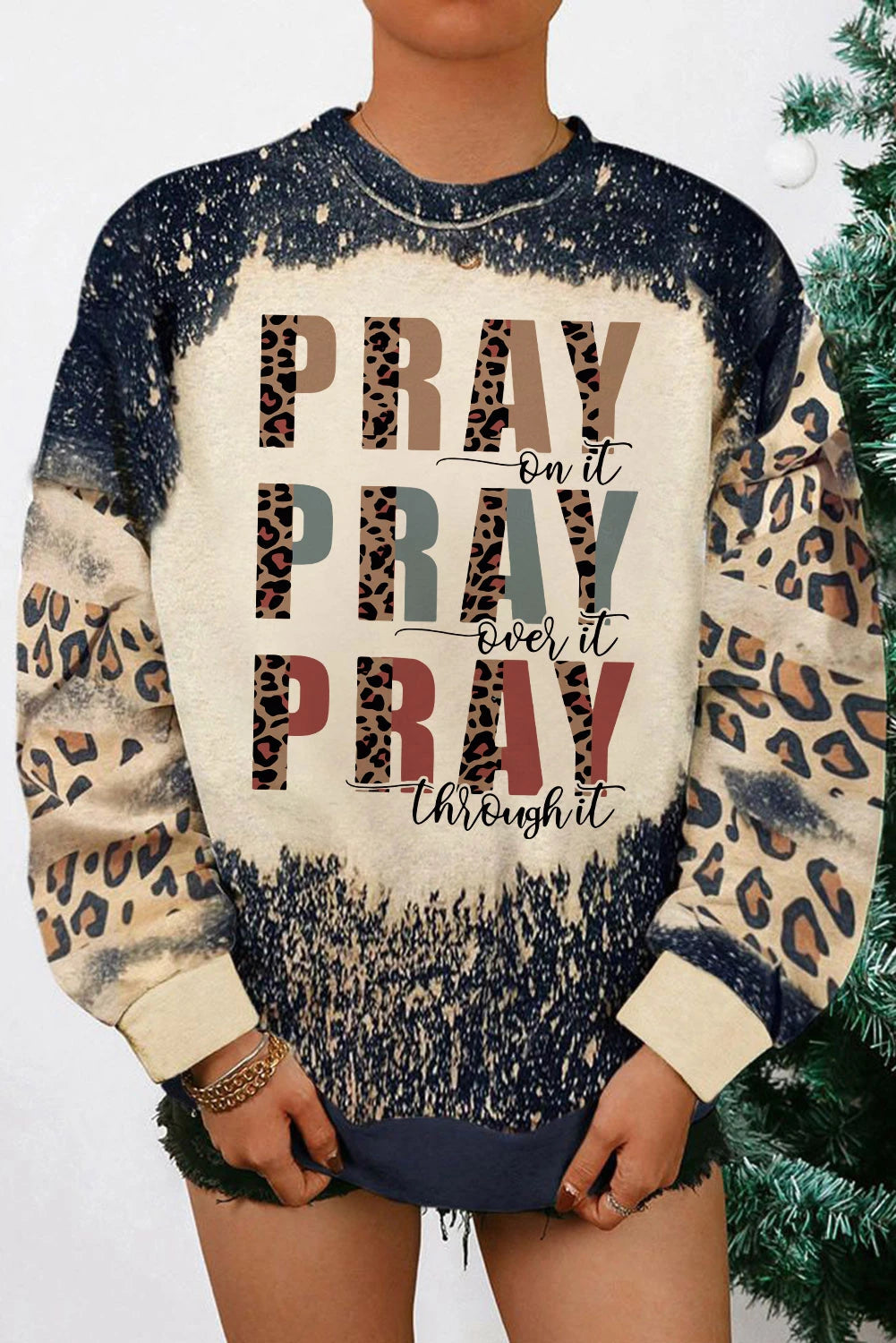 Black PRAY Letter Leopard Bleached Color Block Sweatshirt