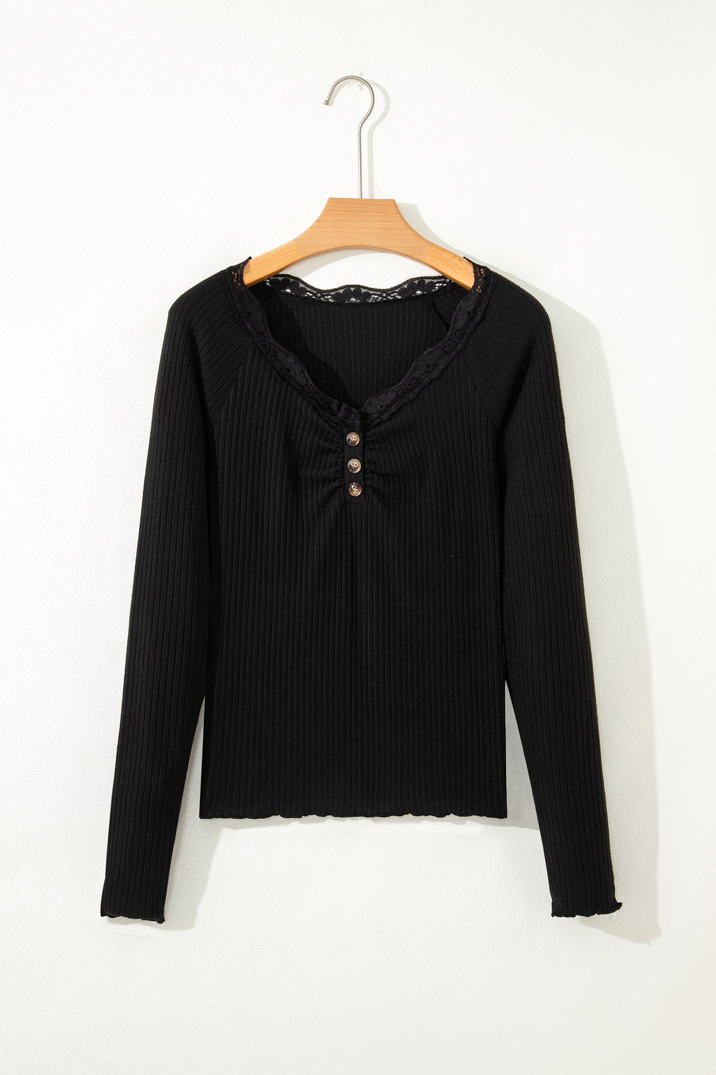 Black Lace Neckline Button Decor Lettuce Edge Long Sleeve Ribbed Top
