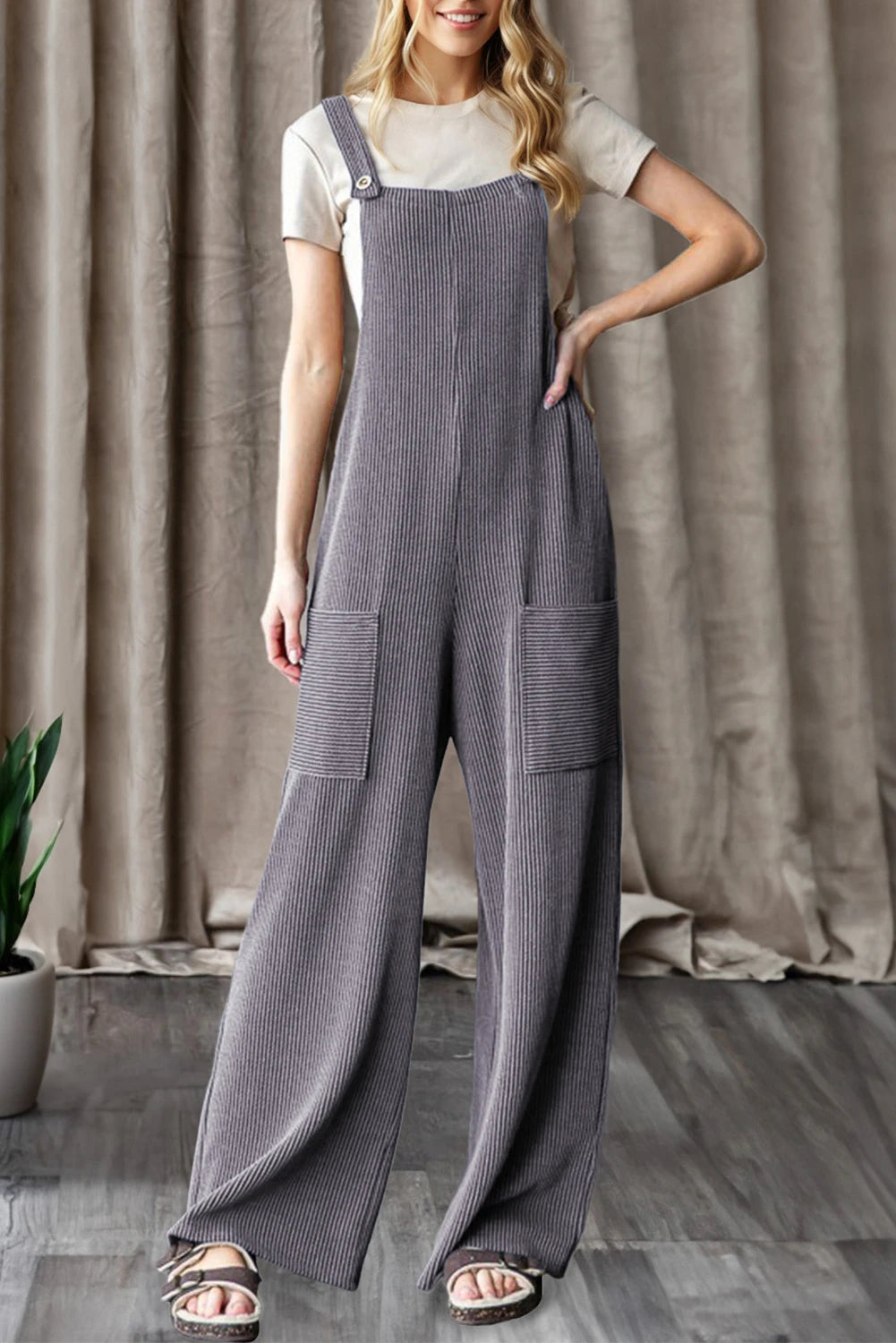 Parchment Ribbed Knit Patched Pocket Wide Leg Overalls