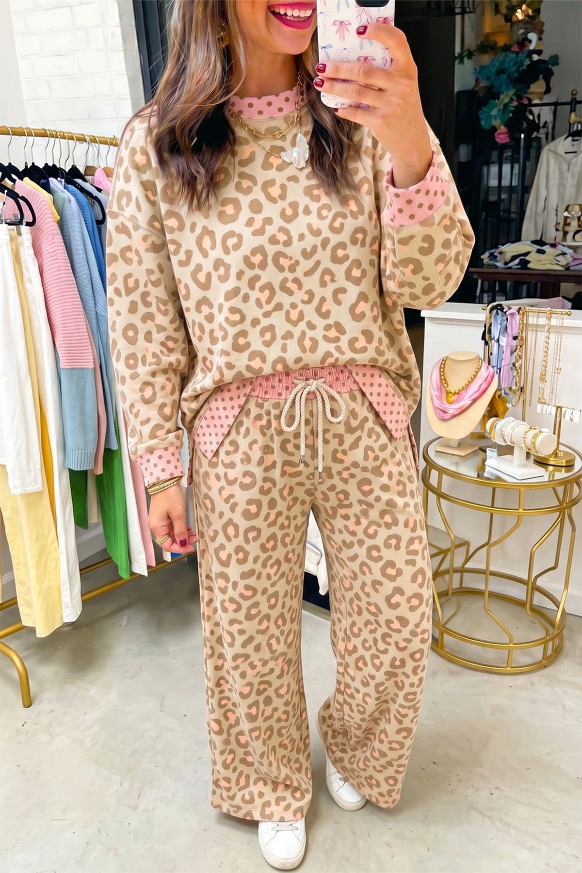 Brown Leopard Polka Dot Two Piece Pants Set